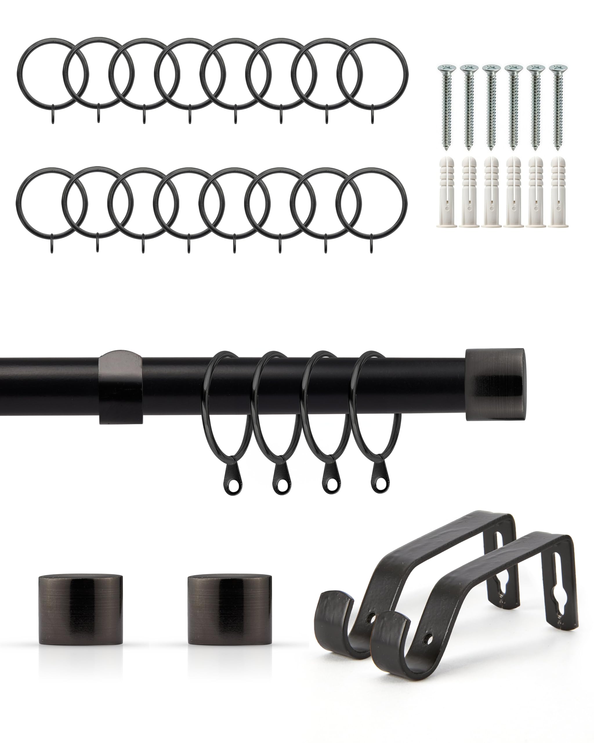 Emma Barclay Extendable Curtain Pole With Finials Rings Brackets & Fittings Sets 16-19mm in Matt Black Metal Curtain Poles For Eyelet Curtains Rod -Full Stop Collection 1.2m - 2.1m Matt Black