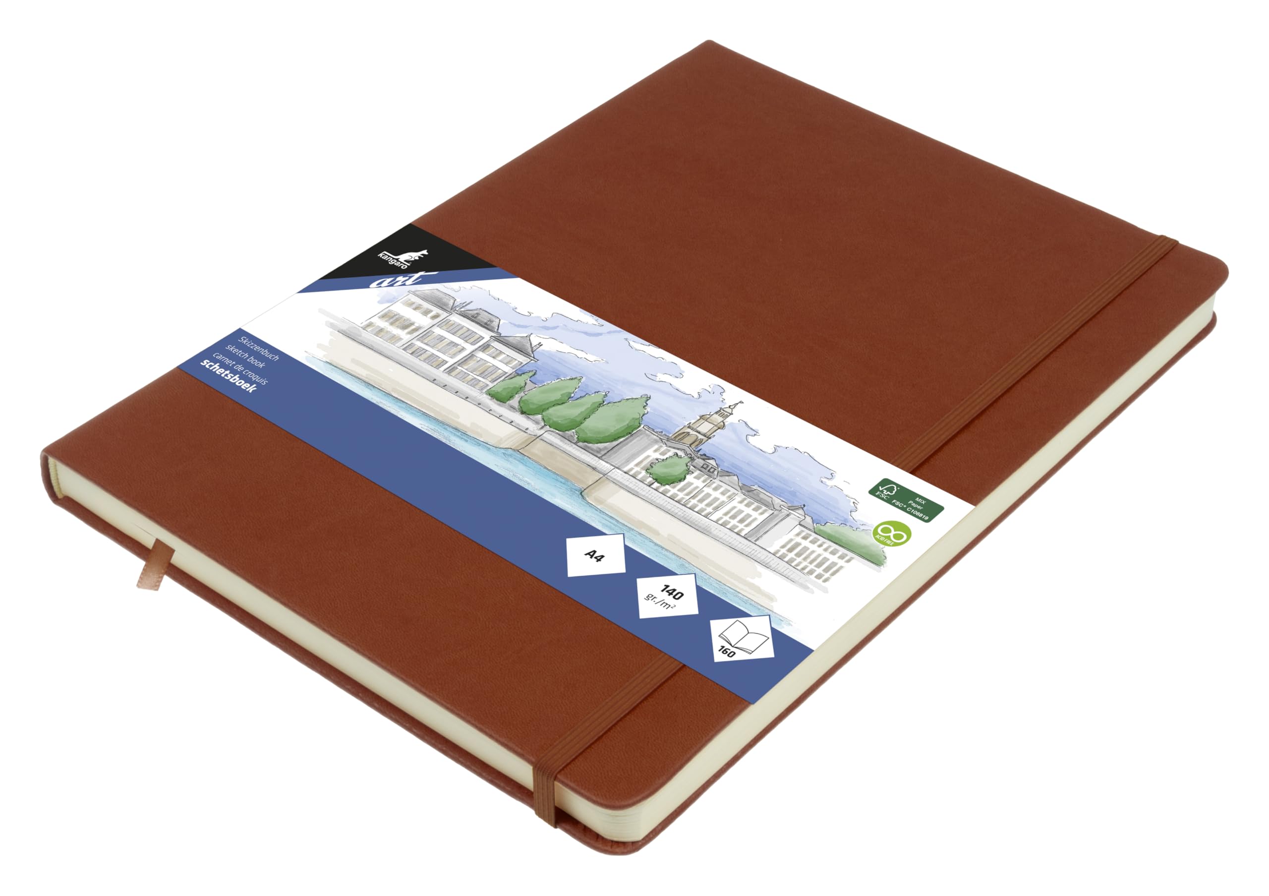 Sketchbook Kangaro A4 Cognac PU Hard Cover 80 Sheets 140 g Cream Paper with Elastic Band and Ribbon