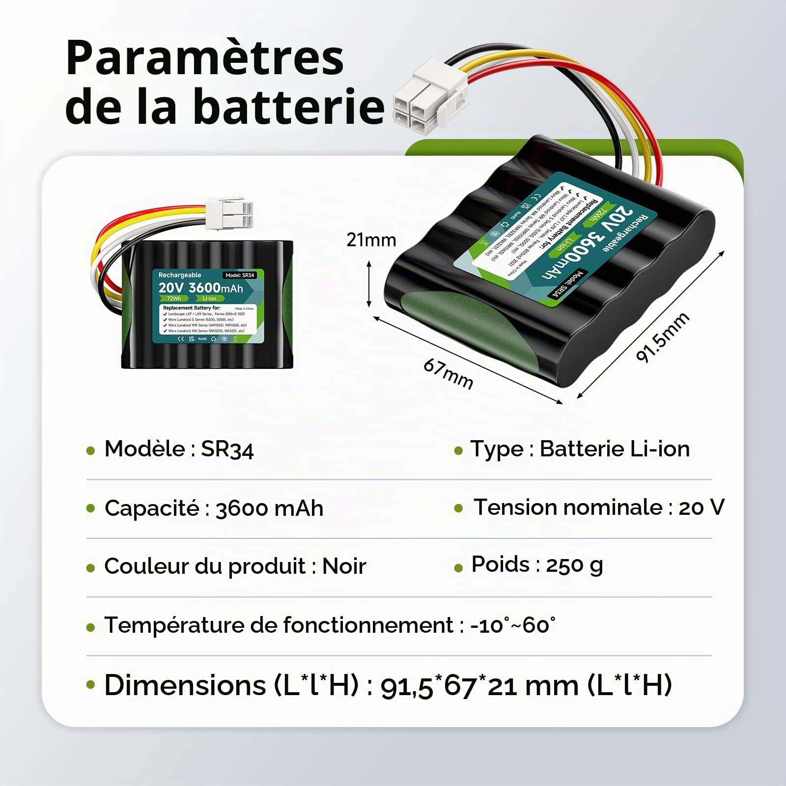 20V 3500MAH Batterie pour Worx Landroid S Basic, S450i, S500, WA3230, WR101SI, WR102SI, WR105SI WR105si.1, WR106SI, WR115mi, Landxcape LX7 / LX9 Series, 50032492, Ferrex 800m2 2021