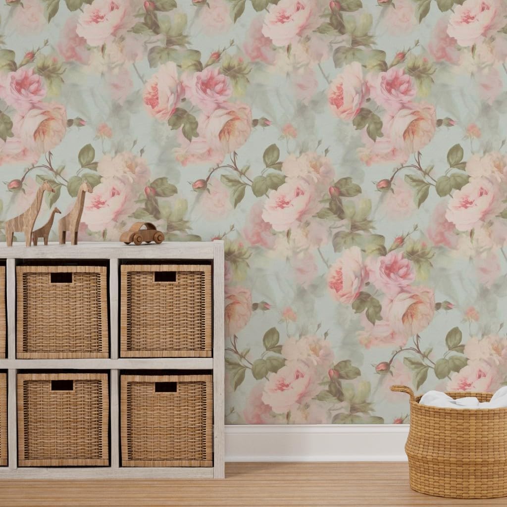 Spoonflower Removable Wallpaper 3ft x 2ft - Watercolor Roses Botanical Cabbage Rose Vintage Large Scale Floral Leaves Custom Pre-Pasted Wallpaper