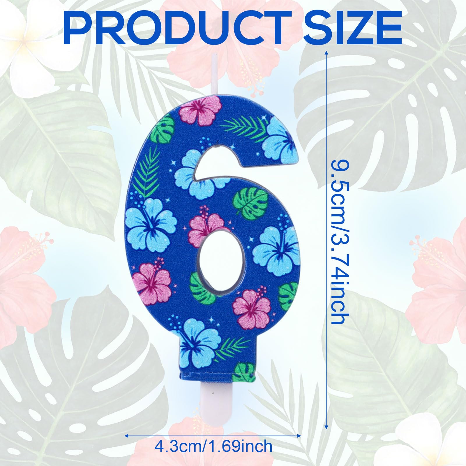 Bougie d'Anniversaire en Forme de Chiffre de Dessin Animé, Décoration Gâteau 3D Bleue Sur le Thème des Animés et d'Hawaï avec Motif Floral pour les Fêtes d'Enfants (Garçons et Filles) (Numéro 6) - 2