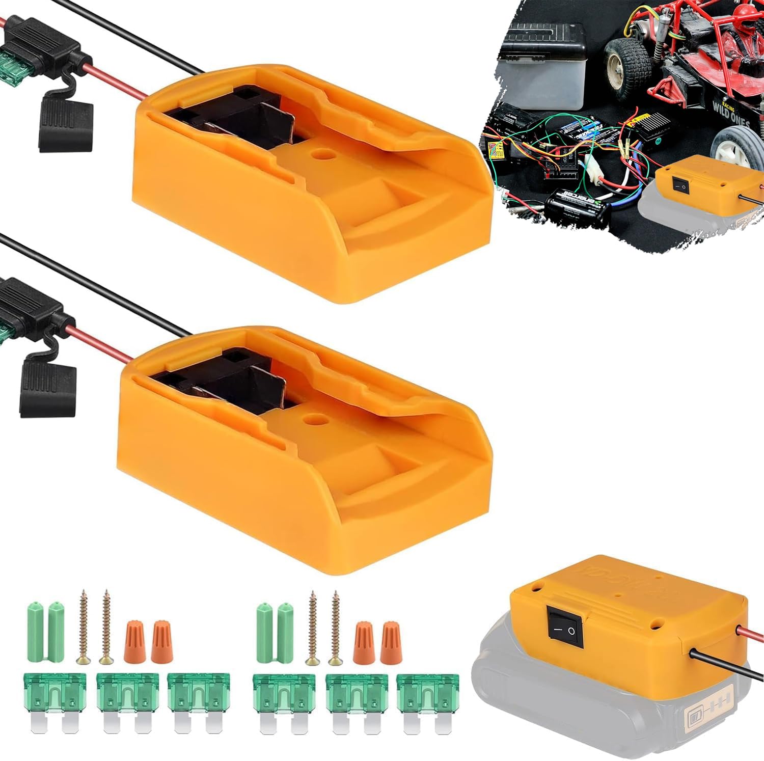 2 Pack Power Wheel Adapter for Dewalt 20V Battery Power Wheel Battery Conversion Kit with Switch, Fuse & Wire Terminals Switch Fuse Holder, Yellow
