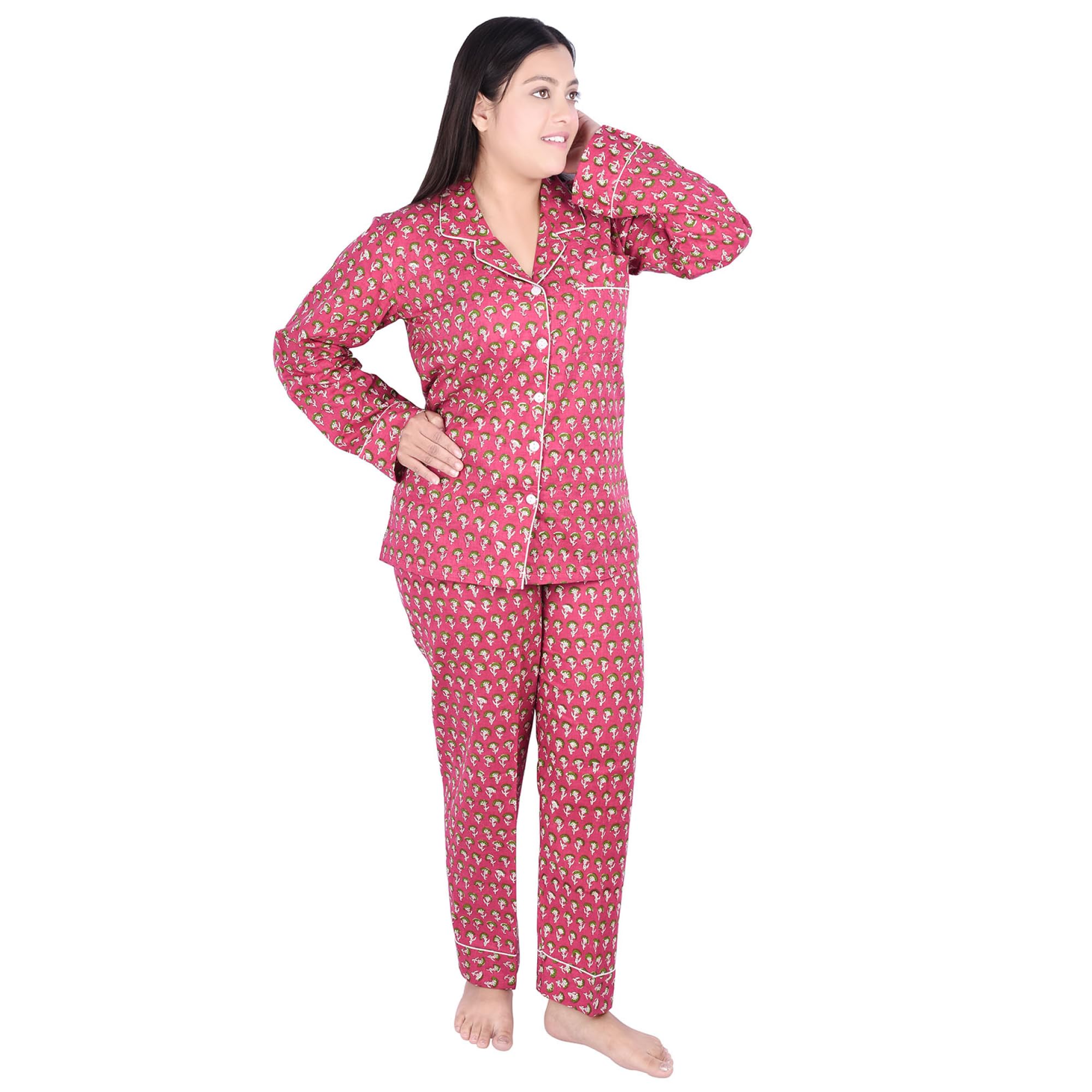 Conjunto de pijama de algodón para mujer, conjunto de pijama de algodón de lujo para mujer, conjunto de pijama elegante y cómodo de manga larga, rosa, 90