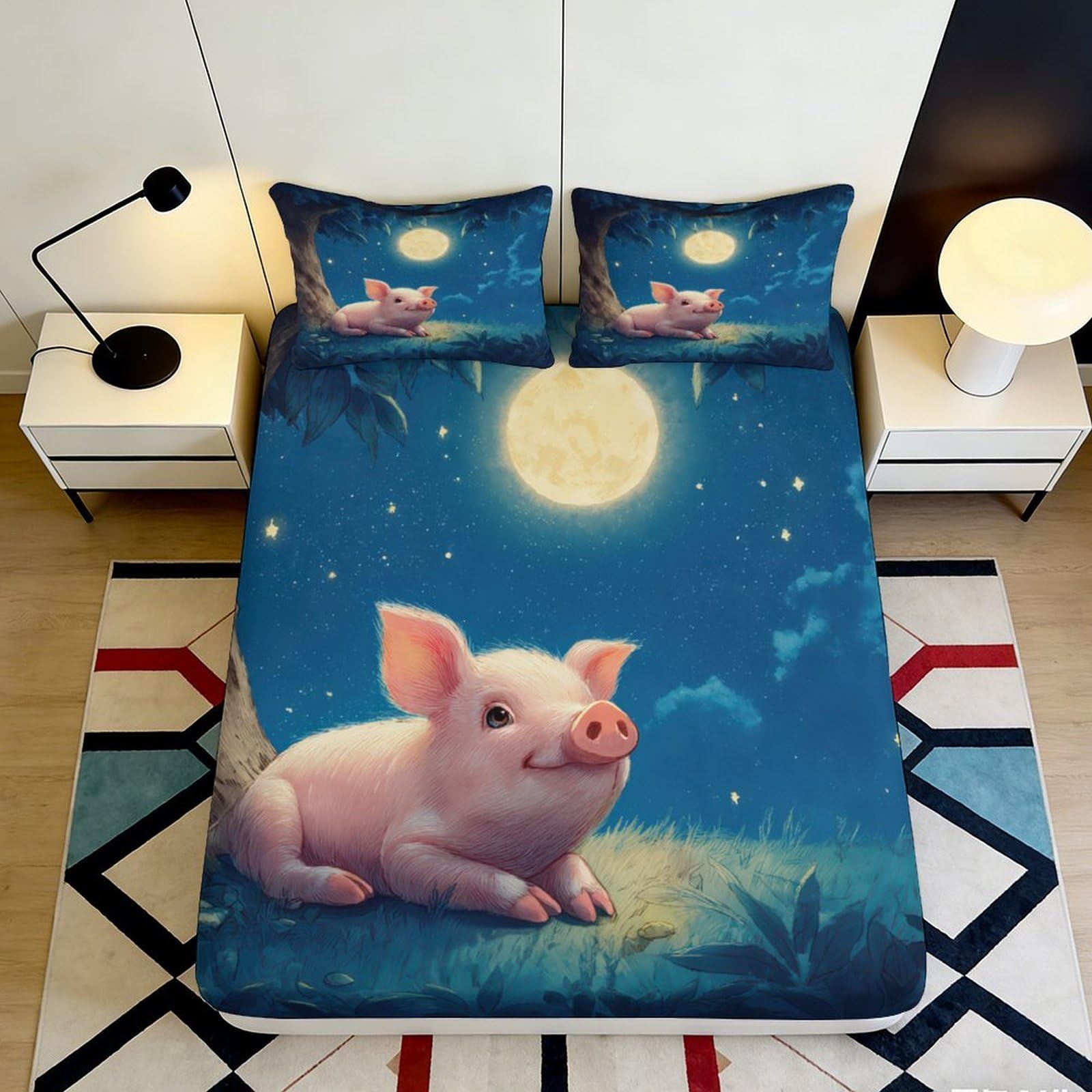 Jqzkxnhpbr Style-6 3D Printed Moonlit Pig Fitted Sheet Microfiber Soft Non-Slip Bed Sheet For Bedroom Guest Room Mattress Decor 90X200x25cm