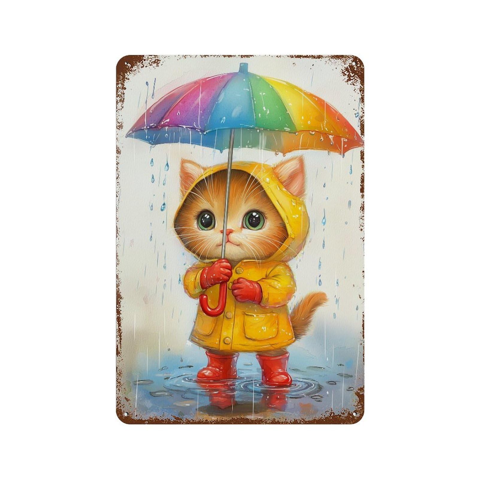 Rust Effect Rainy Day Kitten-13 Aged Metal Wall Plaque 11.8"x7.9", Shabby Chic Decor for Living Room, Hallway And Home Decor