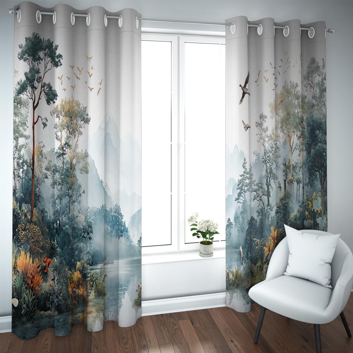 Rideaux occultants motif forêt oiseaux volants b132xh245cm pour fenêtre de chambre