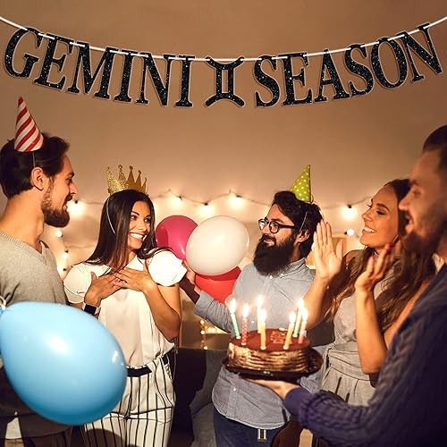 Miniatura 3 de Cartel de la temporada de Géminis con purpurina negra, letrero de feliz cumpleaños, energía de géminis grande, 12 constelaciones del zodiaco tema