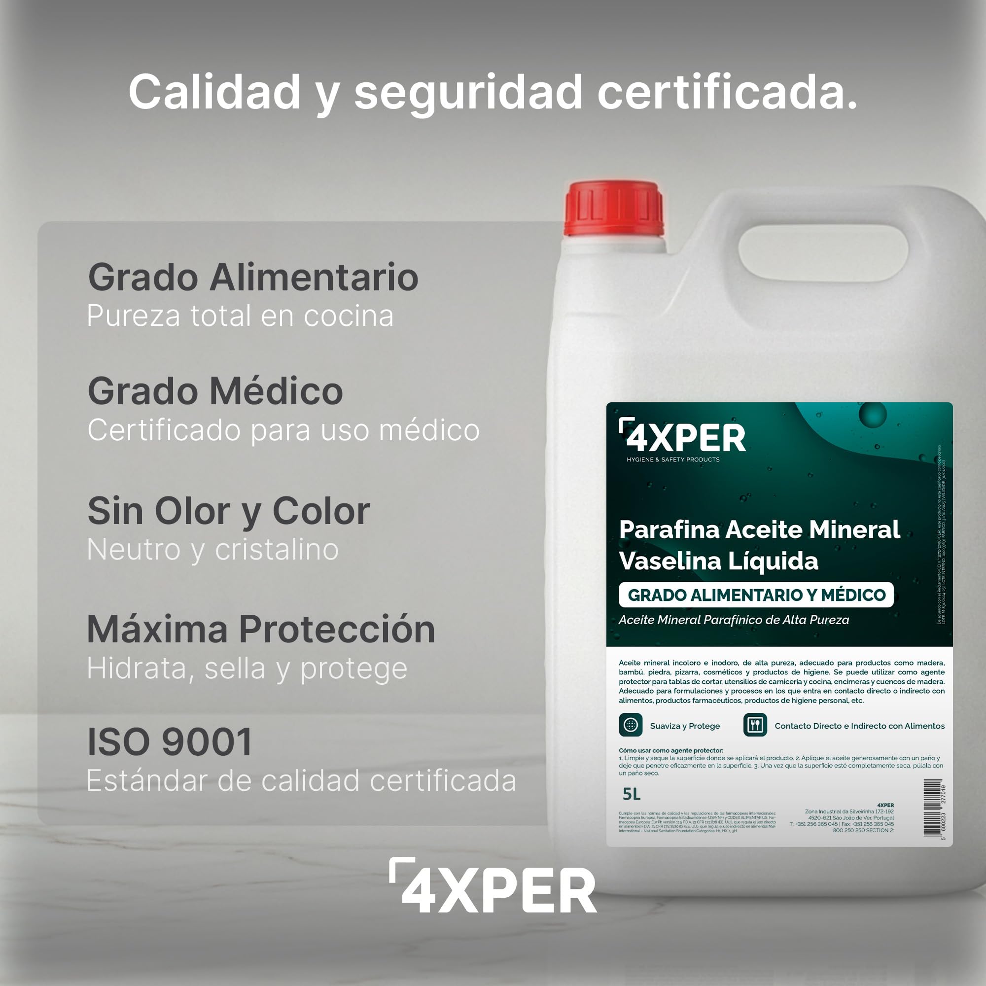 Aceite Mineral Alimentario 5L – Parafina Líquida/Vaselina Líquida Grado Alimentario y Médico – Alta Pureza, Incoloro e Inodoro – Para Madera, Bambú, Cocina y Formulación Cosmética