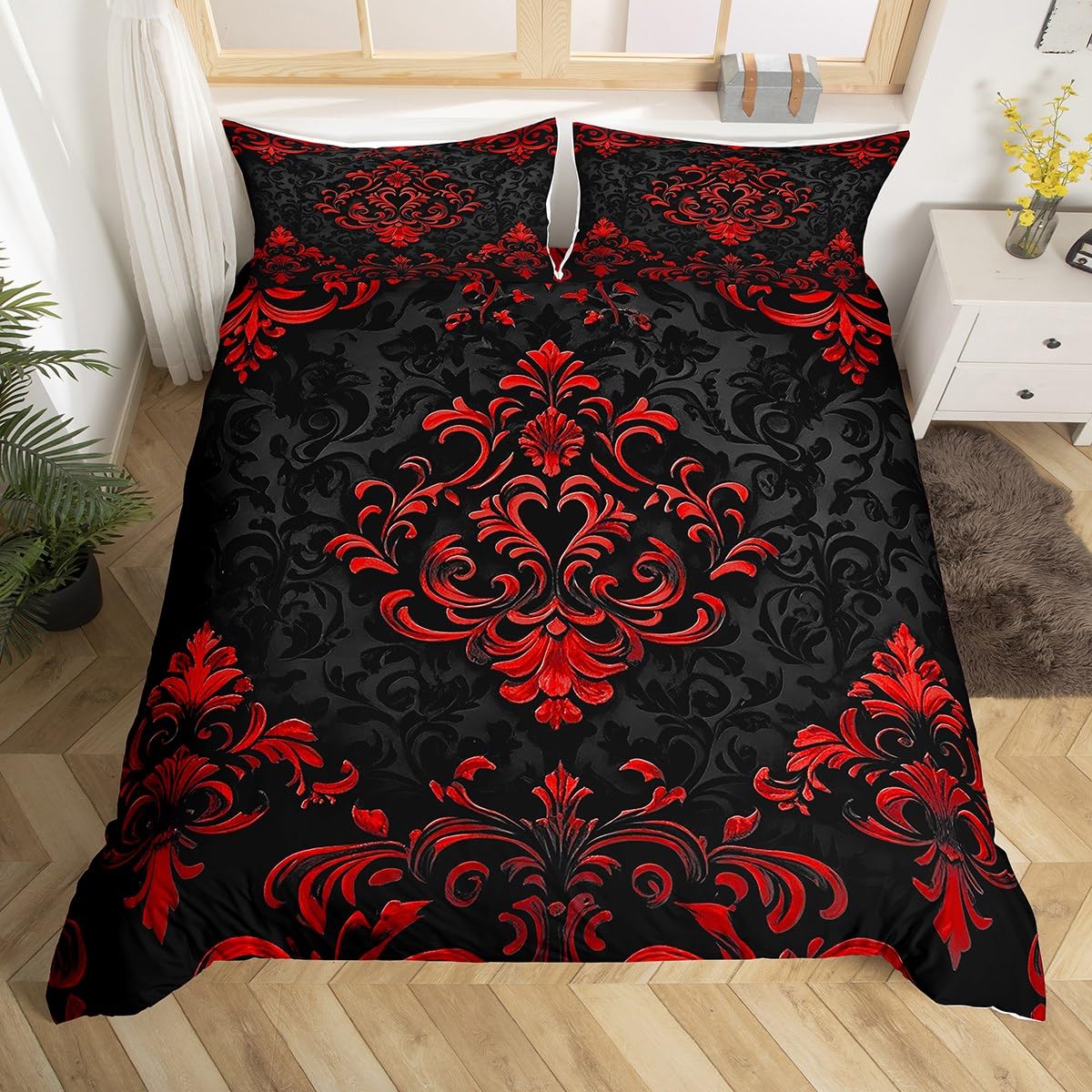 Homewish Exotic Gothic Bettbezug 135x200 Schwarz Rot Bettwäsche Vintage Boho Damast Bettwäscheset für Kinder Frauen Mädchen Erwachsene,Viktorianische Barock Blumen Modern Heimdekor Mikrofaser 2-Teilig