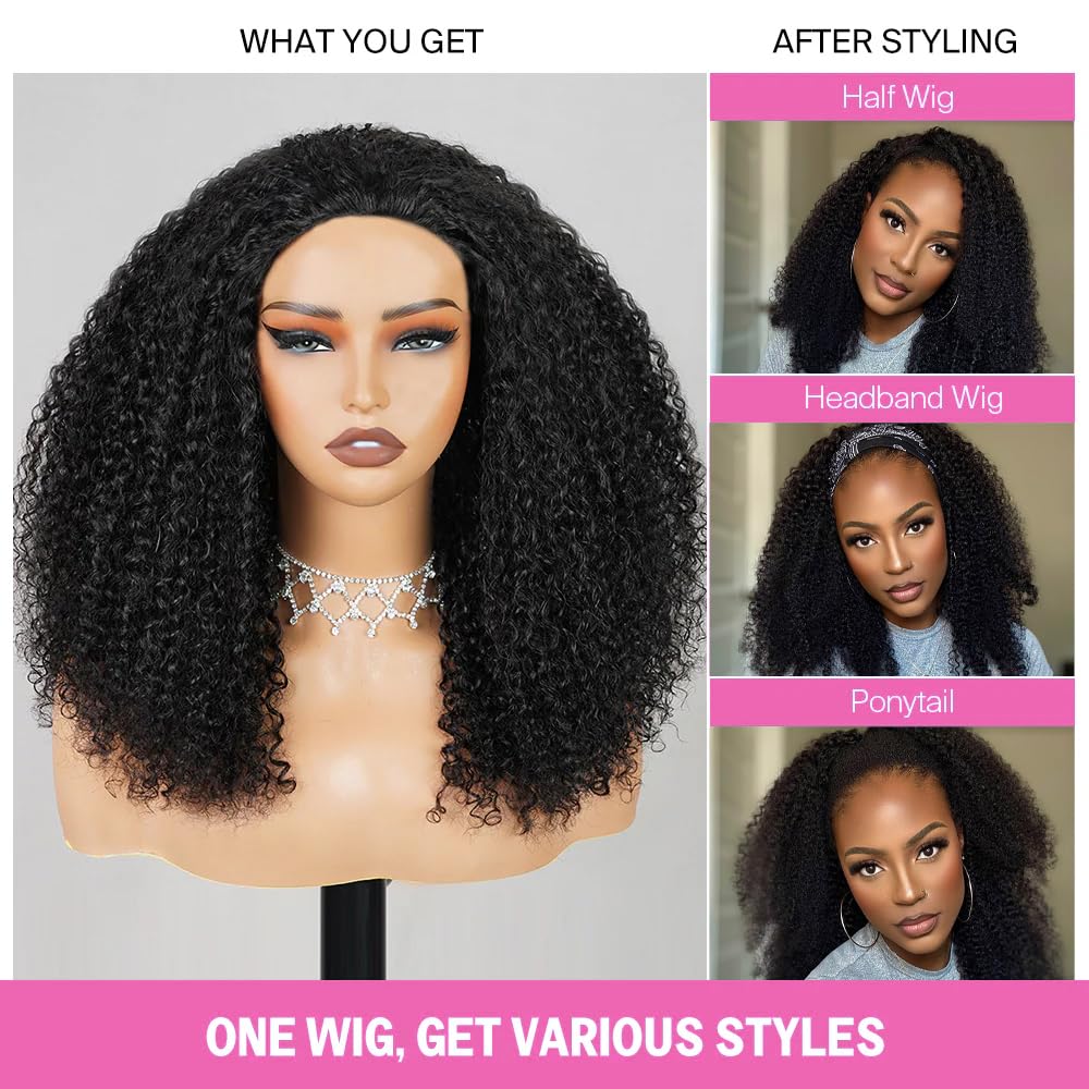 Virginess Kinky Curly Human Hair Half Wig, Glueless Drawstring Headband Style
