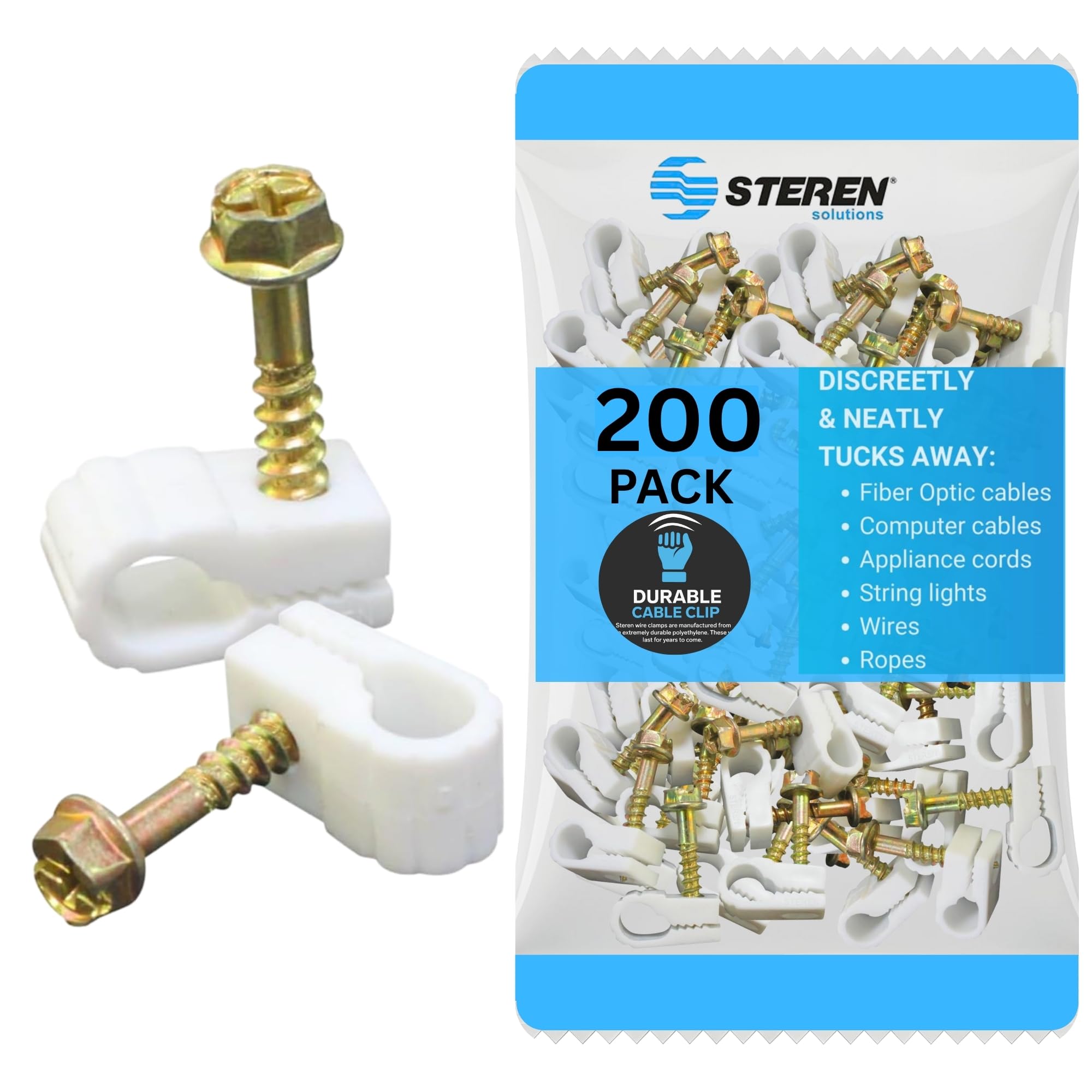 STEREN Coaxial Cable Clips - 100 Pack White | Screw Mount Wire Clamps For TV & Internet Cables