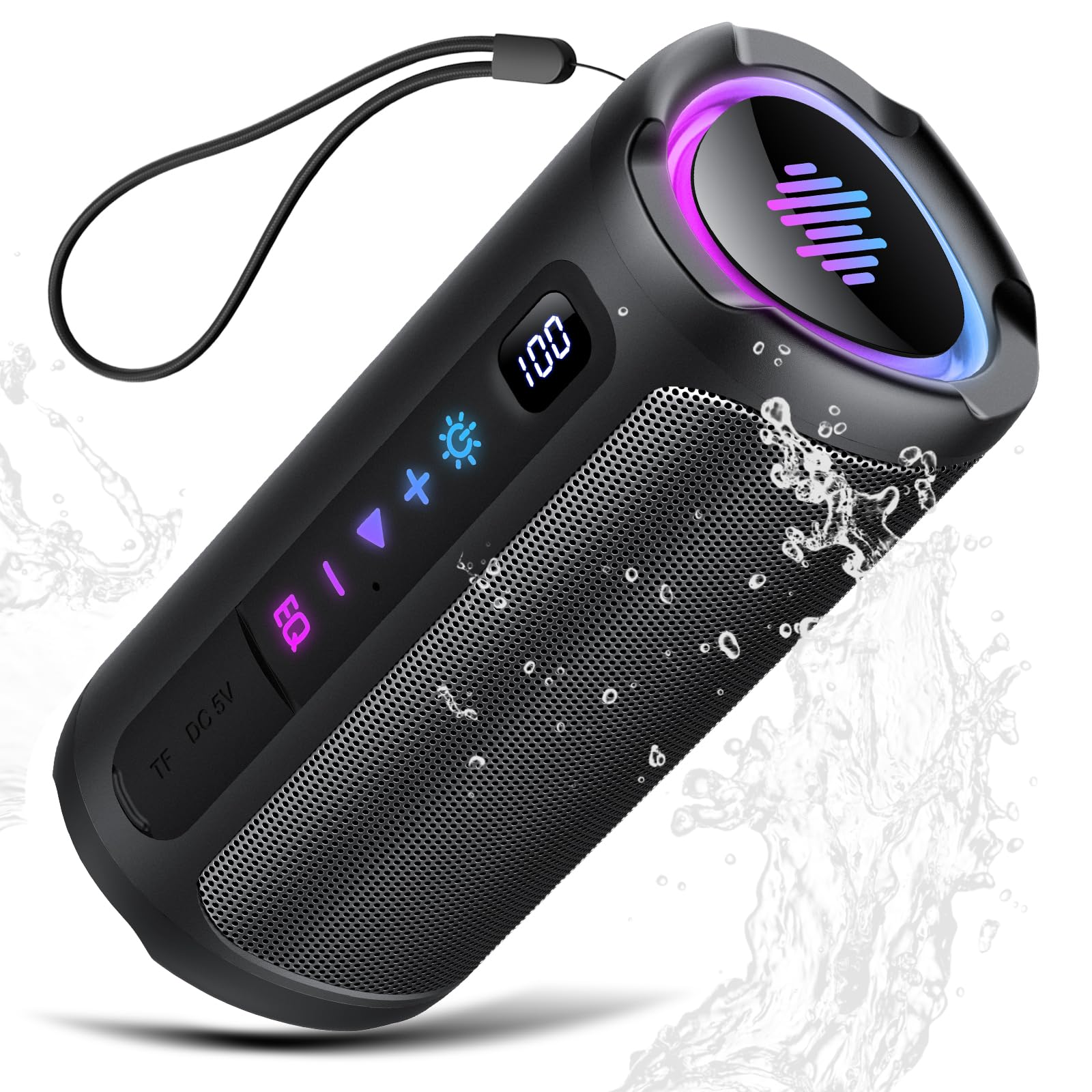 Bluetooth Lautsprecher mit Licht, LED Anzeige Musikbox Tragbarer Box, Verbesserter Bass, Bluetooth 5.4, IPX7 Wasserdicht, TWS Paarung, AUX, TF Karte, Outdoor Lautsprecher für Reisen, Sport, Party