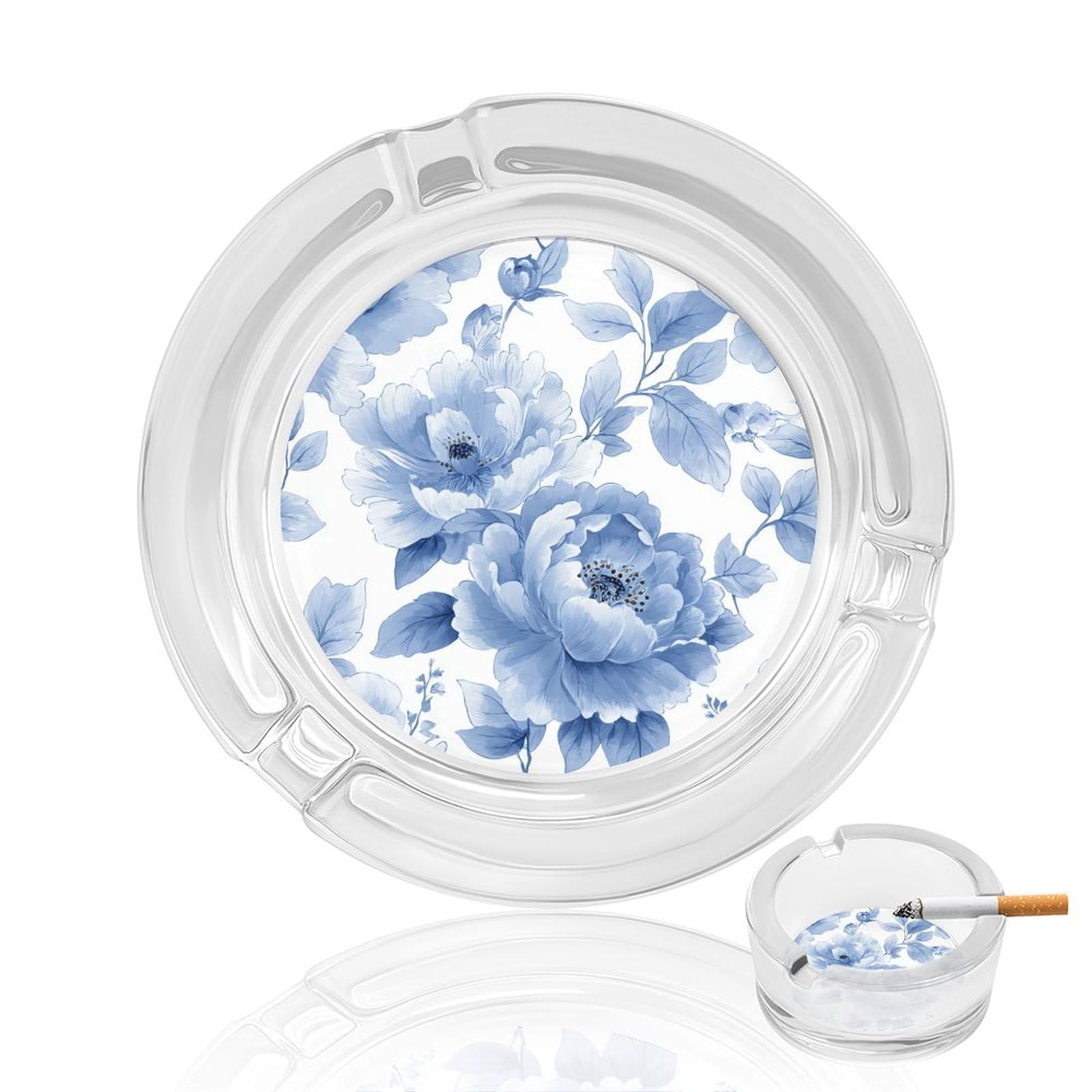 Large Chinoiserie Peony Blooms with Leaves Glass Ashtray for Cigarettes Portable Decorative Ash Trays for Home Office Decor