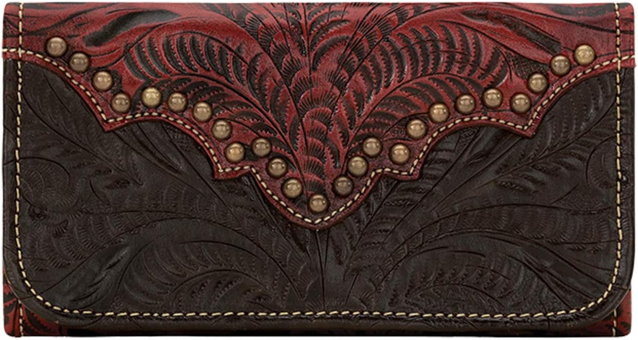 American West Hand Tooled Handcrafted 100% Genuine Leather Tri-Fold Wallet for Women Credit Card Slots Cash Pocket and Clear ID Holder Western (Distressed Cream)