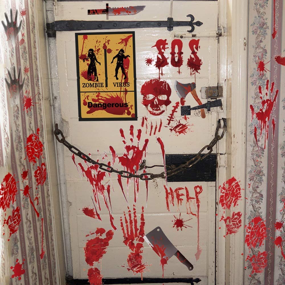 Decoración De Halloween Terrorífica - 2 Pegatinas Para Ventana (77x155cm) Y 8 Para Suelo (25x35cm) - 87 Diseños Sangrientos