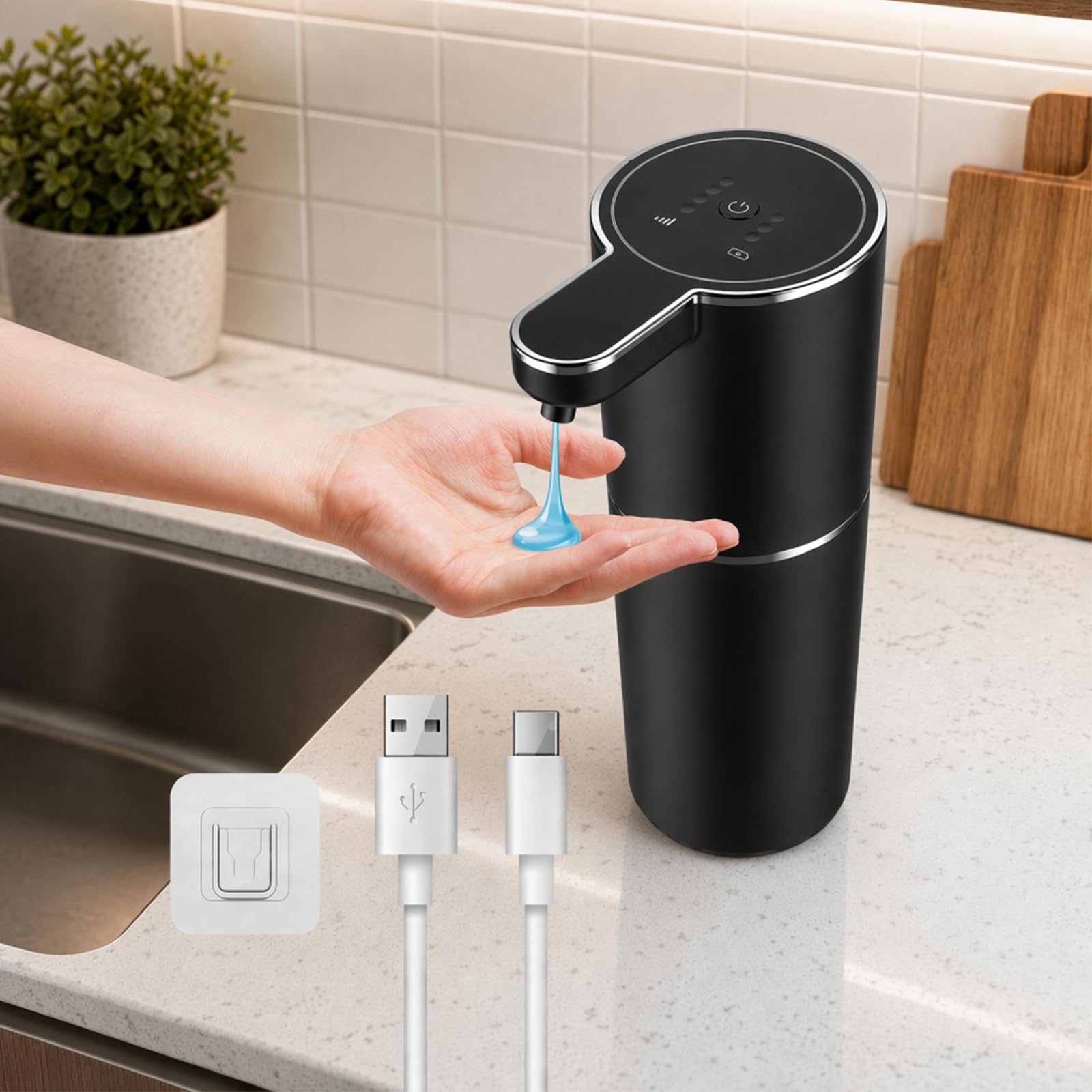 Automatyczny bezdotykowy dozownik mydła z ładowaniem USB-C, 4 regulowane poziomy mydła, silnik bezszczotkowy, wodoodporny do kuchni i łazienki - Mepham