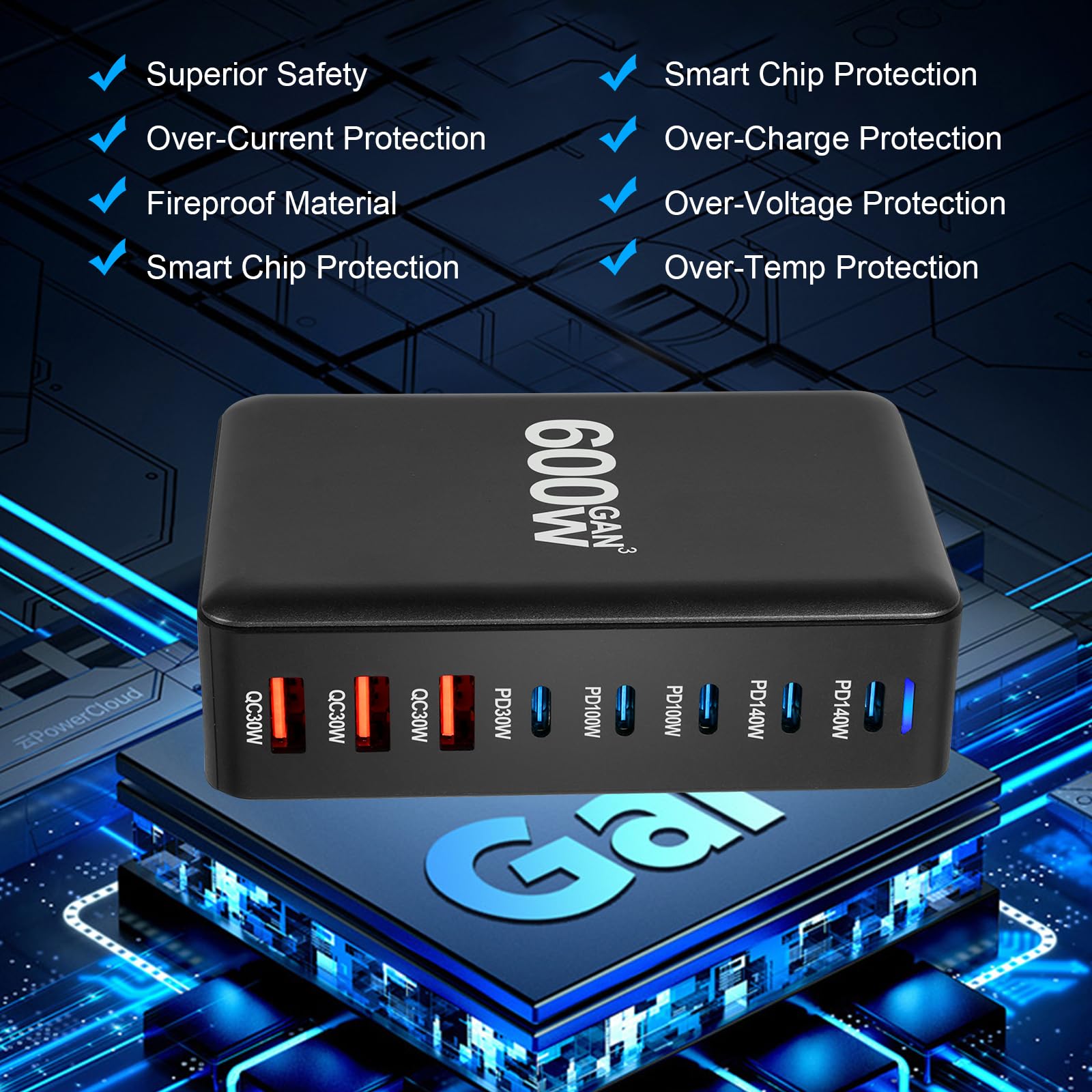 AXFEE Cargador USB C, 600W 8 Puertos Bloque de Carga rápida, Tres USB-A+5*USB-C Cargador Quick Charge, Conector de Pared multipuert Compatible con MacBook Pro/HP Laptop/iPad/iPhone/Huawei