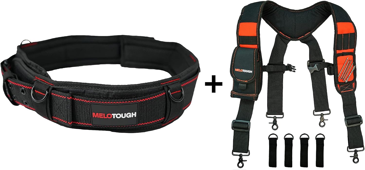 MELOTOUGH 1 PACK Tool Belt with D ring and Strong Durable Double Metal Roller Buckle,Adjustable waist + 1 PACK Magnetic Suspenders Tool Belt Suspenders with Large Moveable Phone Holder
