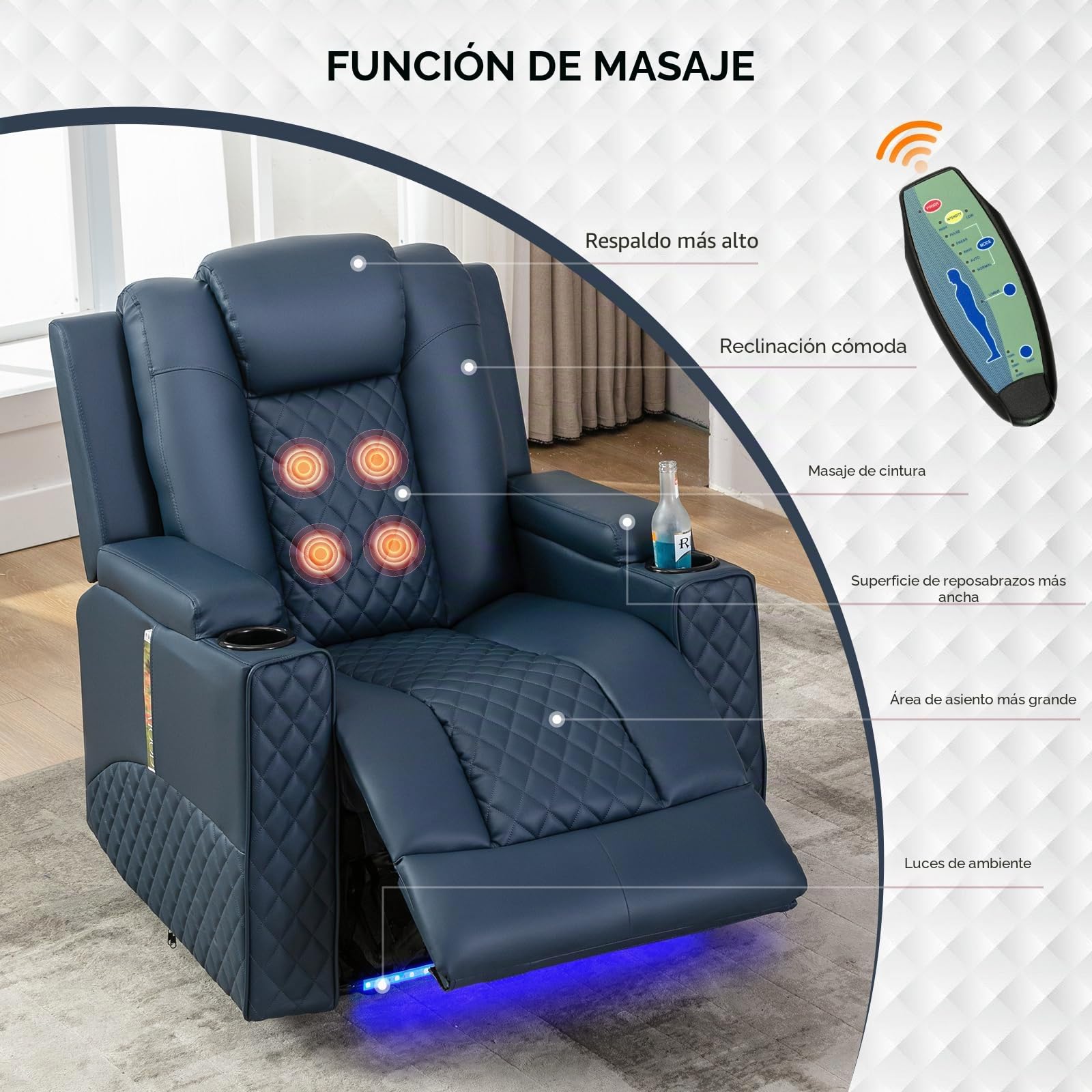 COMHOMA Sillon Relax Reclinable Sillón Relax Electrico Masaje Sillón Reclinable con LED, Función de Inclinación, Alón, Dormitorio, Cine en Casa, Azul