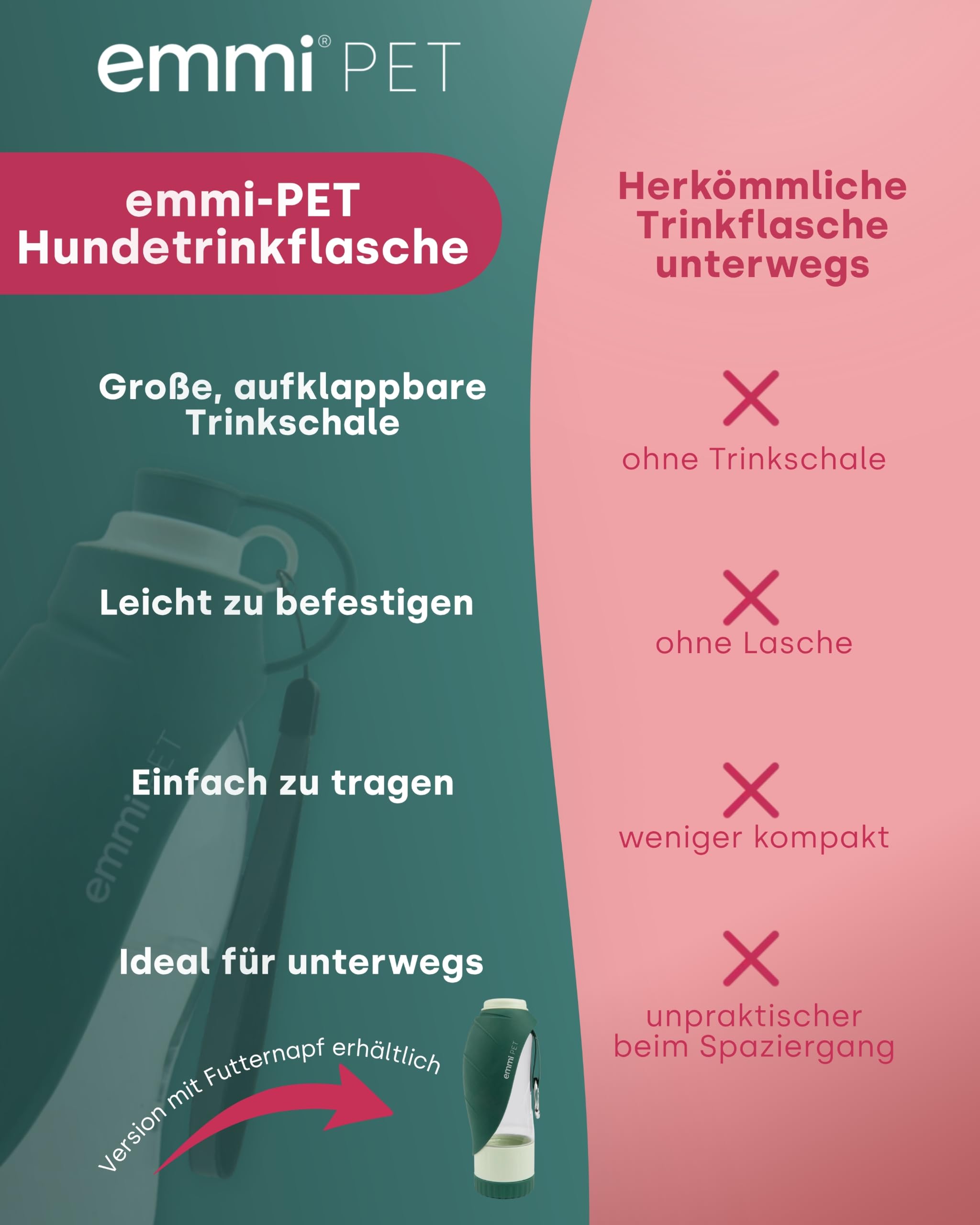 emmi-PET Hundetrinkflasche in Dunkelgrün I 580 ml I Auslaufsichere Trinkflasche mit integriertem Napf I Ideal für Spaziergänge, Reisen & Outdoor I Frisches Wasser to go für kleine & große Hunde