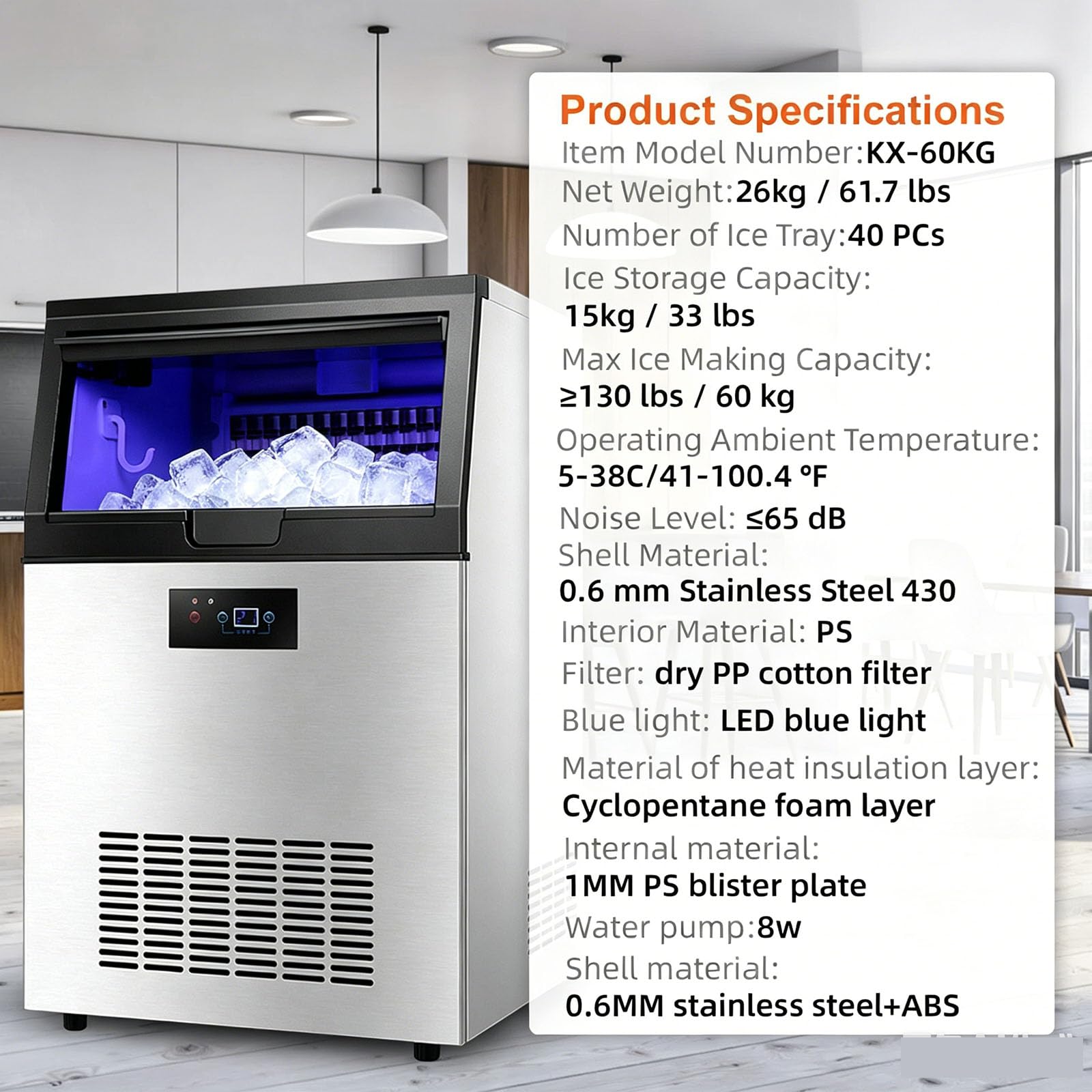 Macchina del Ghiaccio Professionale 60kg/24H Macchina per Ghiaccio da Tavolo Commerciale Fabbricatore Ghiaccio con Schermo LCD,per Casa/Ufficio/Ristorante/Bar/Caffetteria