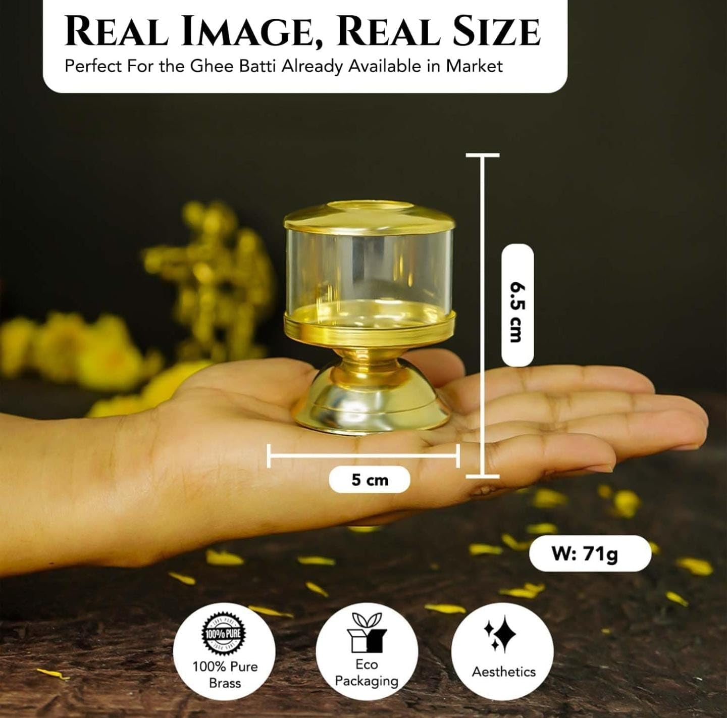 Messing und Glas Niranjan Diya für Puja | Traditionelle indische Öllampe für Diwali Dekoration & Pooja | Heimdekoration | Borosilikatglas | Ideales Geschenk – 1 Stück (5,7 cm)