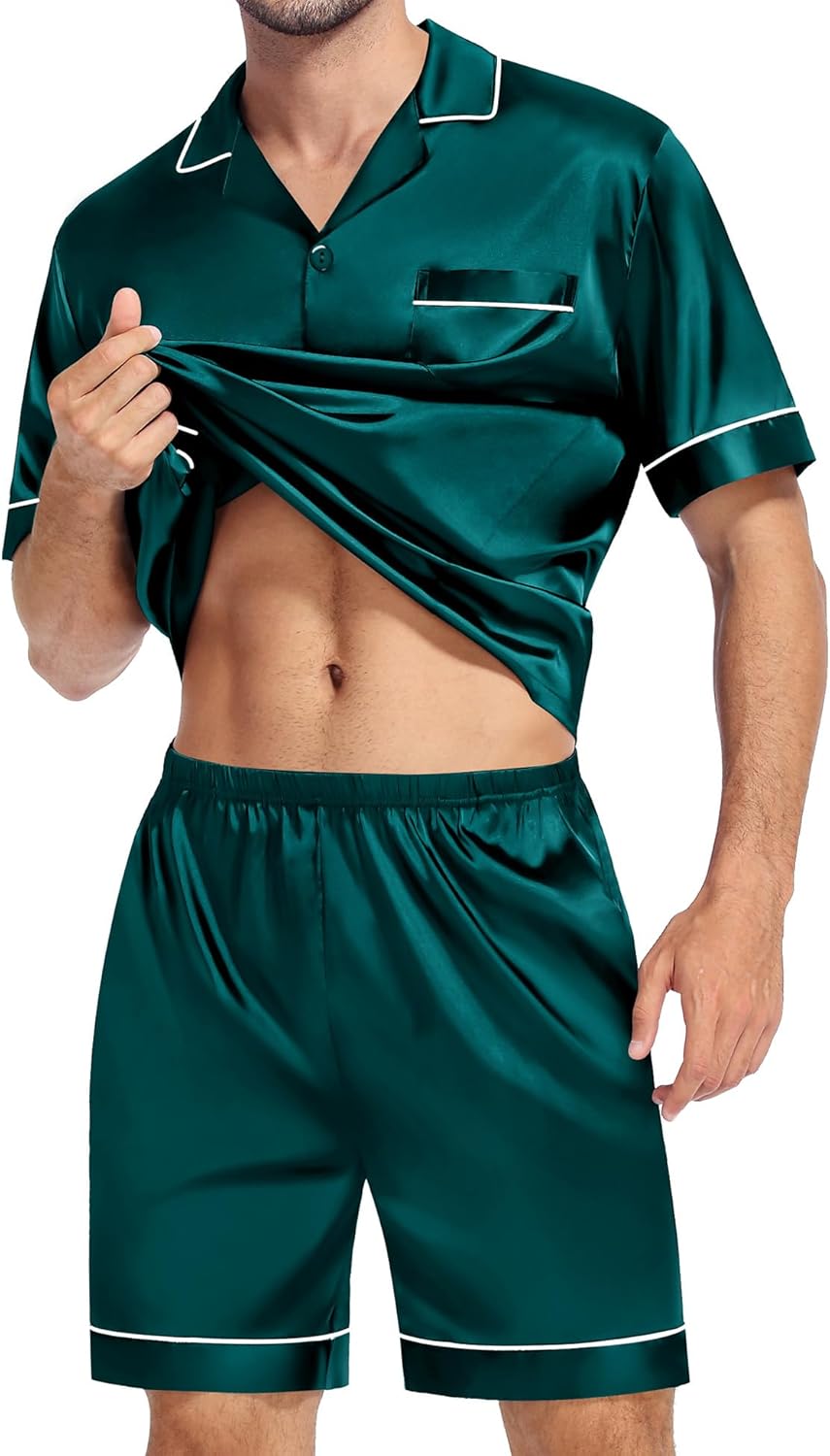 SWOMOG His And Hers Pajamas Sets Couples Satin Pj Set Sleep Wear Set for Women Button Up Pajamas Sleep Shorts Summer Lounge Sets Dark Green - Image 4