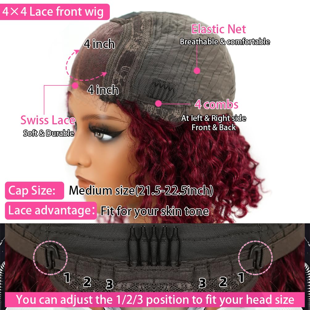 Wear and Go - Peluca sin pegamento, precortada, estilo Bob 4x4, rizada, encaje frontal, pelucas de cabello humano de densidad del 180 %, para mujeres negras, borgoña, 10 pulgadas