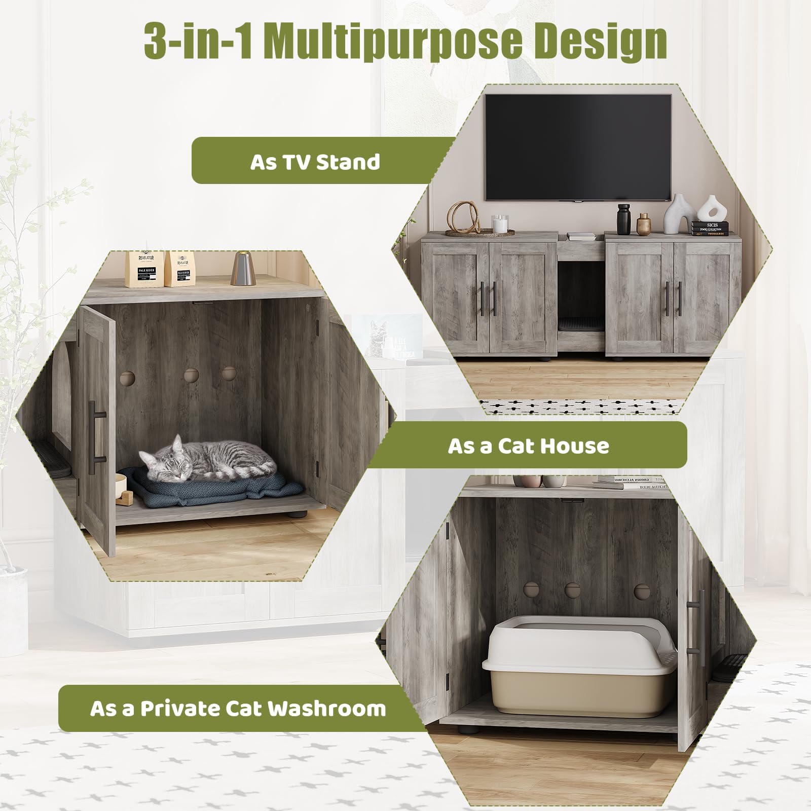Recinto Doble 3 En 1 para Dos Gatos - Moderno Armario Oculto De Madera con Dos Compartimentos, Puerta para Gatos y Rascador, Elegante Mueble para Mascotas para Sala De Estar o Dormitorio.