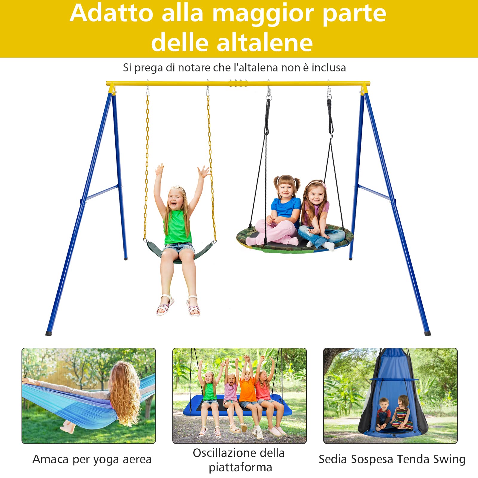 GYMAX Altalena da Giardino per Bambini 3+ Anni, 250 x 185 x 182 cm, Carico 300kg, Struttura per Altalena in Metallo, 4 Chiodi, 4 Copripiedi Antiscivolo, Interni & Esterni