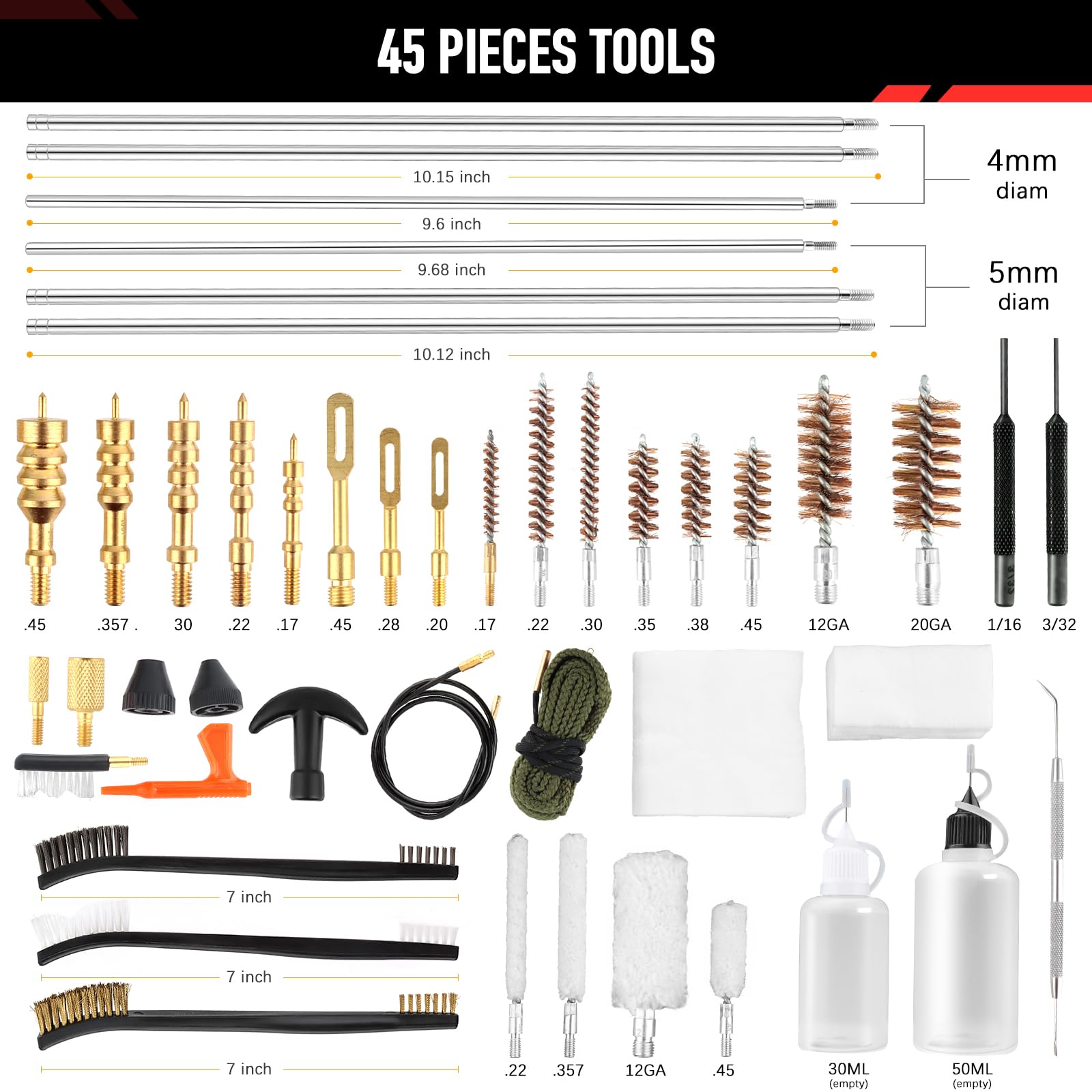 Kit de Limpieza de Armas para 45 en 1, Suministros de Limpieza para Pistolas con Cepillo de latón de Doble Punta, Botella de Aceite, indicador de recámara, Puntas ranuradas