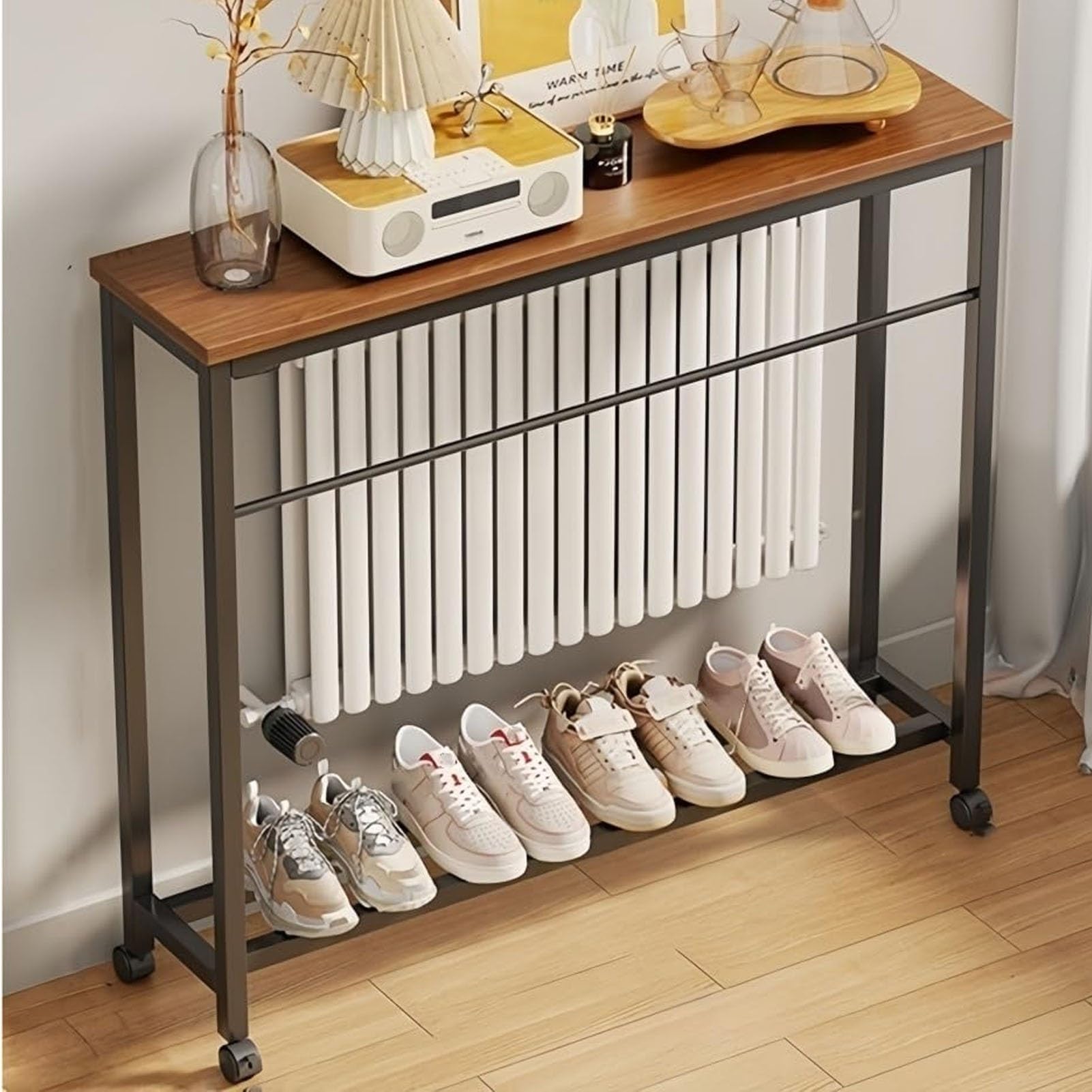 Funda estrecha para radiador con ruedas, mesa de consola versátil para sala de estar y cocina, elegante mesa de sofá sobre radiador con barra transversal reforzada