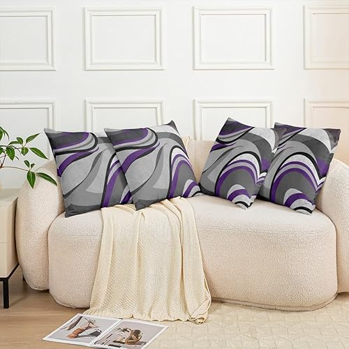 Miniatura 6 de Juego de 2 fundas de almohada reversibles de 18 x 18 pulgadas con diseño geométrico de rayas negras, color morado, gris, negro, para niños,