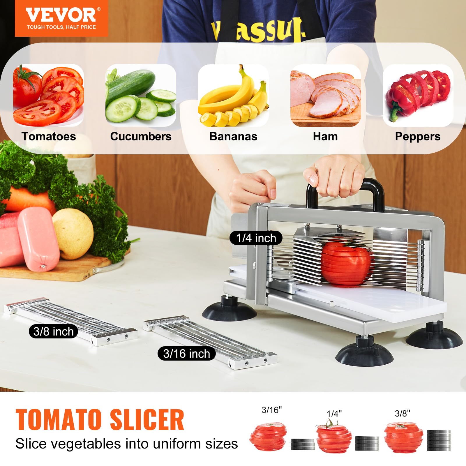 VEVOR Kommerzieller Tomatenschneider, 1/4 Zoll + 3/8 Zoll + 3/16 Zoll Tomatenschneider, Edelstahl, robust, manuell mit rutschfesten Füßen, schneidet Tomaten, Gurken, Bananen