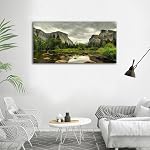 Green Wall Art Mountain Clear Water Nature Pictures Wall Decor Yosemite National Park Scenery Canvas Painting Modern Tree Rock River Nature Landscape Canvas Print Artwork for Wall Decoration 50X100CM