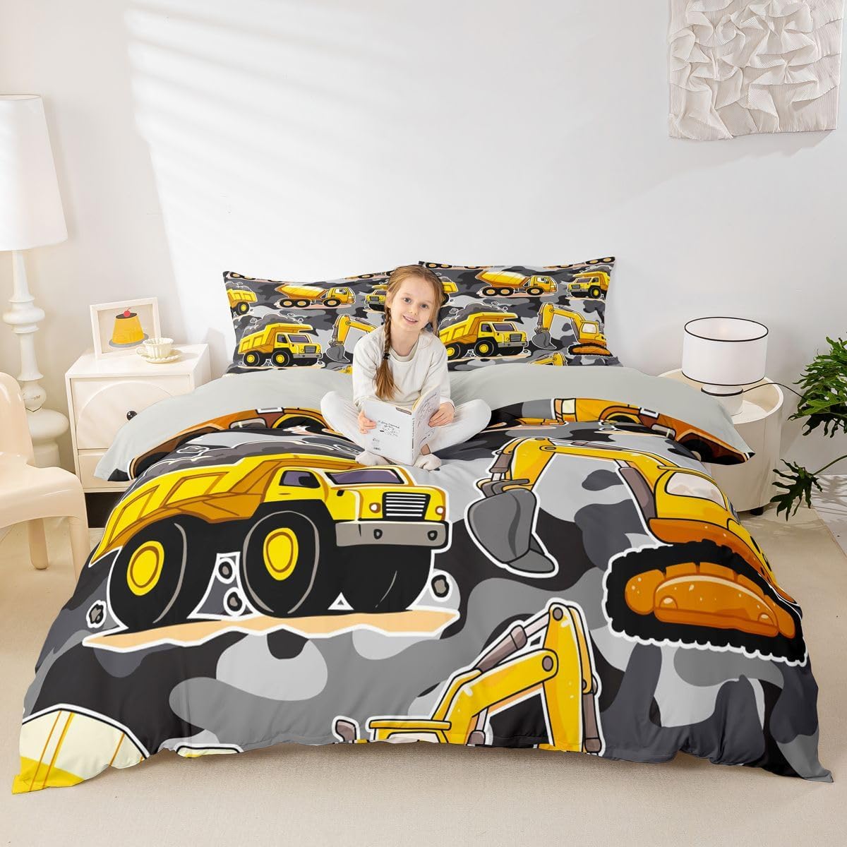 Erosebridal Equipment Trucks Duvet Cover Excavators Comforter Cover Twin Size Yellow Vehicle Quilt Cover for Child Kids Children Boys Teens Construction Tractor Bedding Set for Bedroom Decor