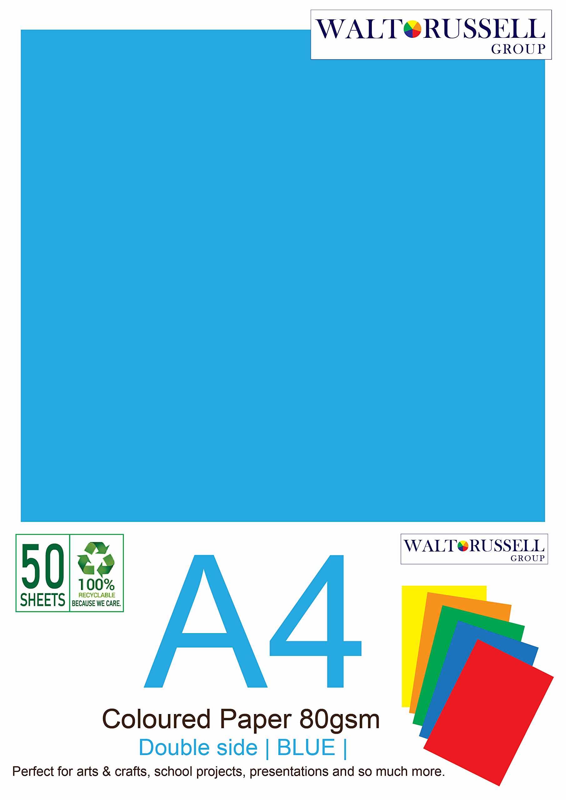 WRG Party Supplies - A4 Double Side Coloured Papers 80gsm Arts Crafts Origami DYI School Projects Flyers Bright Pastel Neon Laser Inkjet Printers 50 Sheets (Bright Blue)