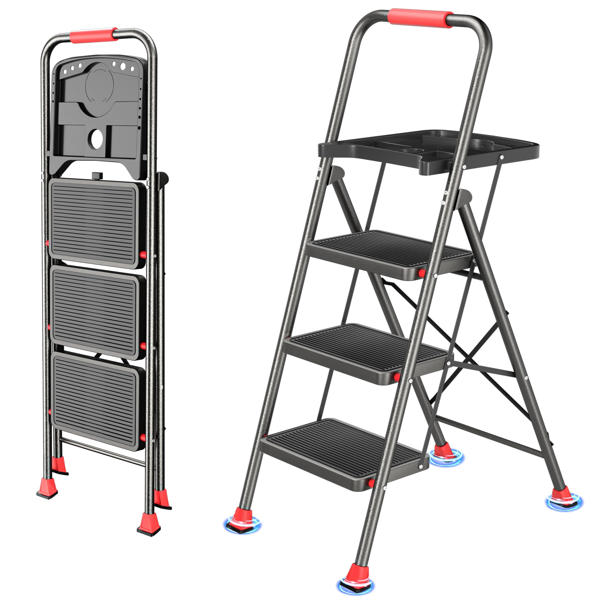 3 step ladder, folding step stool with tool platform, wide anti-slip pedal and anti-slip feet, sturdiest steel construction, 600lbs capacity steel ladder for home office, black red
