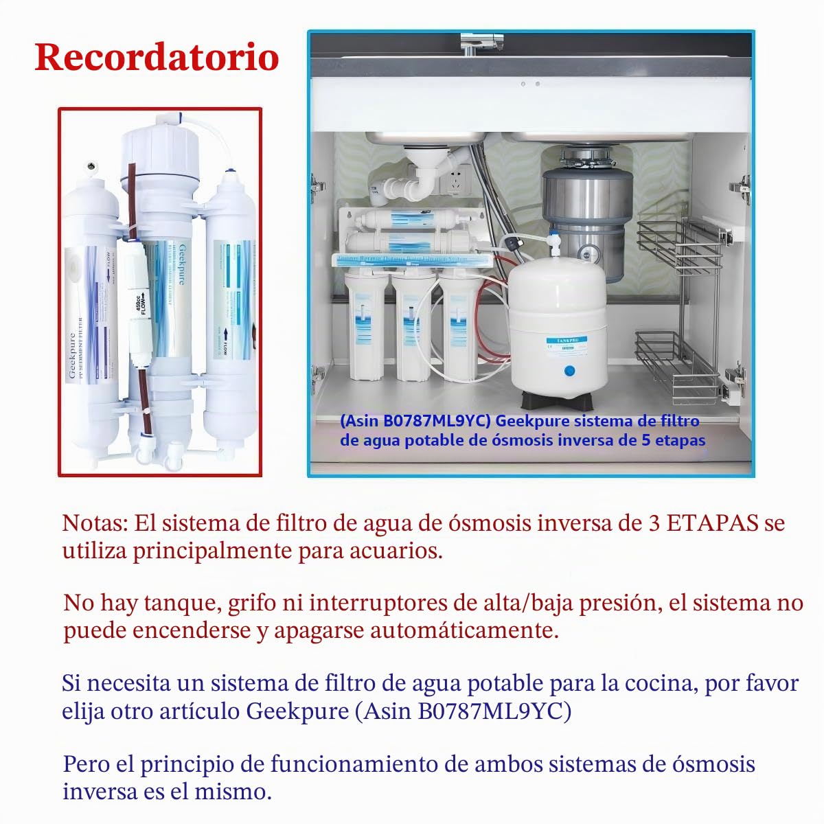 Sistema de filtro de agua de ósmosis inversa de 3 etapas para acuario-encimera -100GPD
