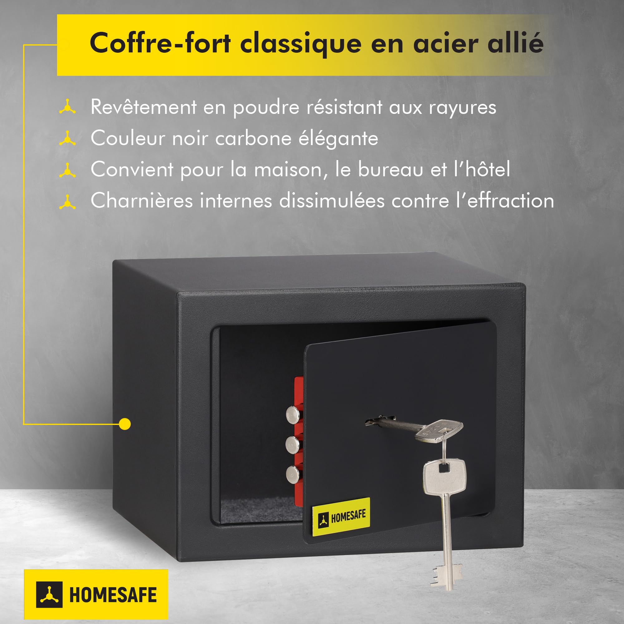 HomeSafe HV15K Coffre-Fort à Clé, 15x20x17cm (HxLxP), Coffre Argent Billet, Bijoux, Pour la Sécurité à Domicile, Boîte de Rangement Sécurisée, Petit Coffre pour Économies et Objets de Valeur