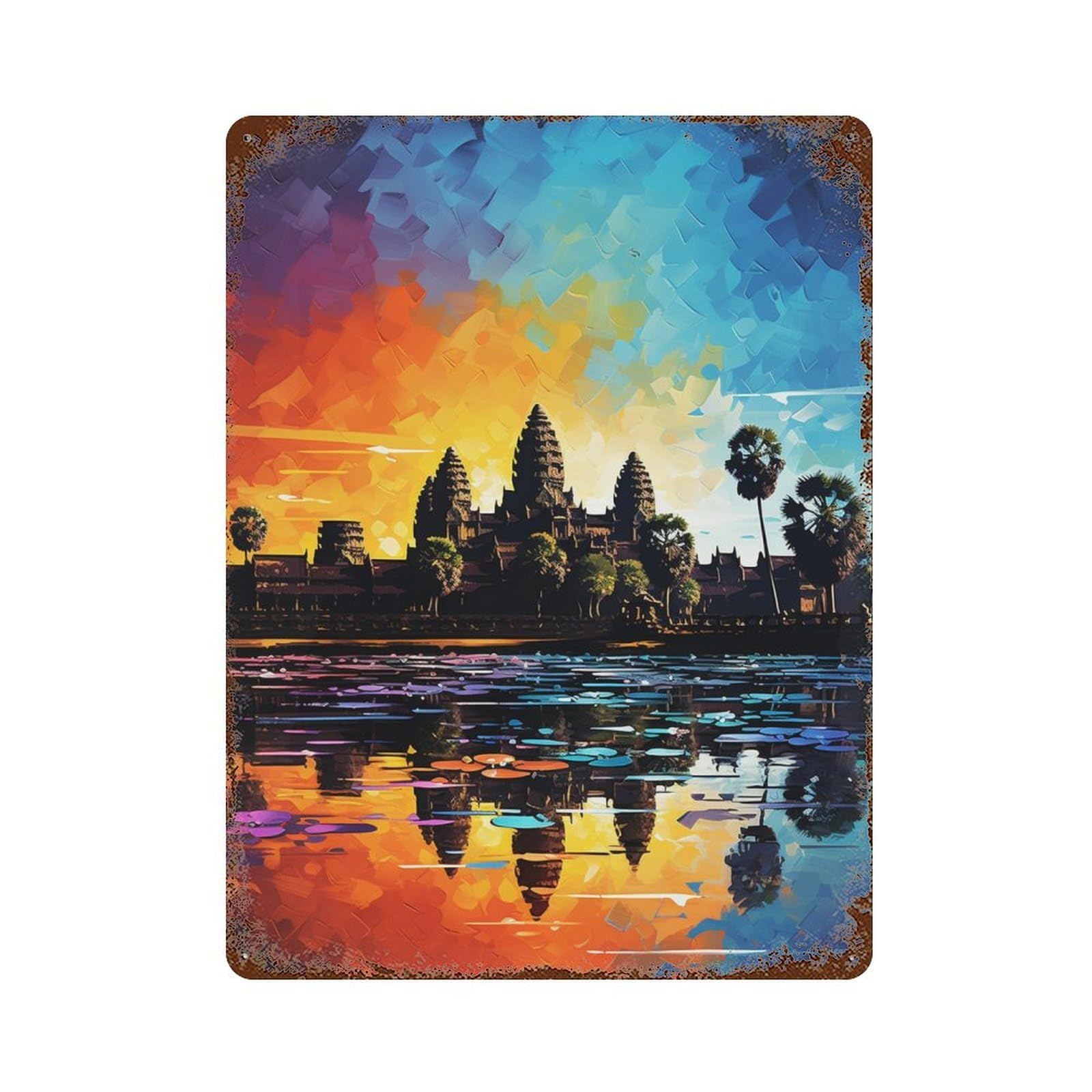 Distressed Metal Wall Sign with Angkor Wat Sunset Reflections -3 Design 15.7"x11.8", for Garage, Bar And Workshop Decor, Vintage Wall Decor