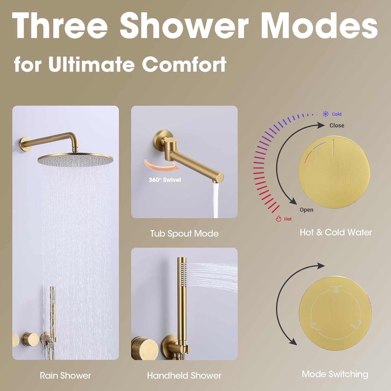 TRUSTMI Brushed Gold Shower System with Swivel Tub Spout, Wall Mounted 12" Rainfall Shower Set with Brass Rough-In Pressure Balance Diverter Valve and Trim Kit