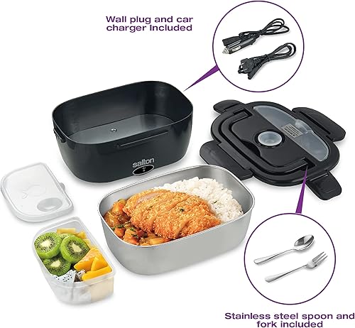 Miniatura 8 de Salton Fiambrera eléctrica 3 en 1, calentador de alimentos portátil para automóvil y hogar, lonchera térmica de 1.5 litros con tenedor y cuchara