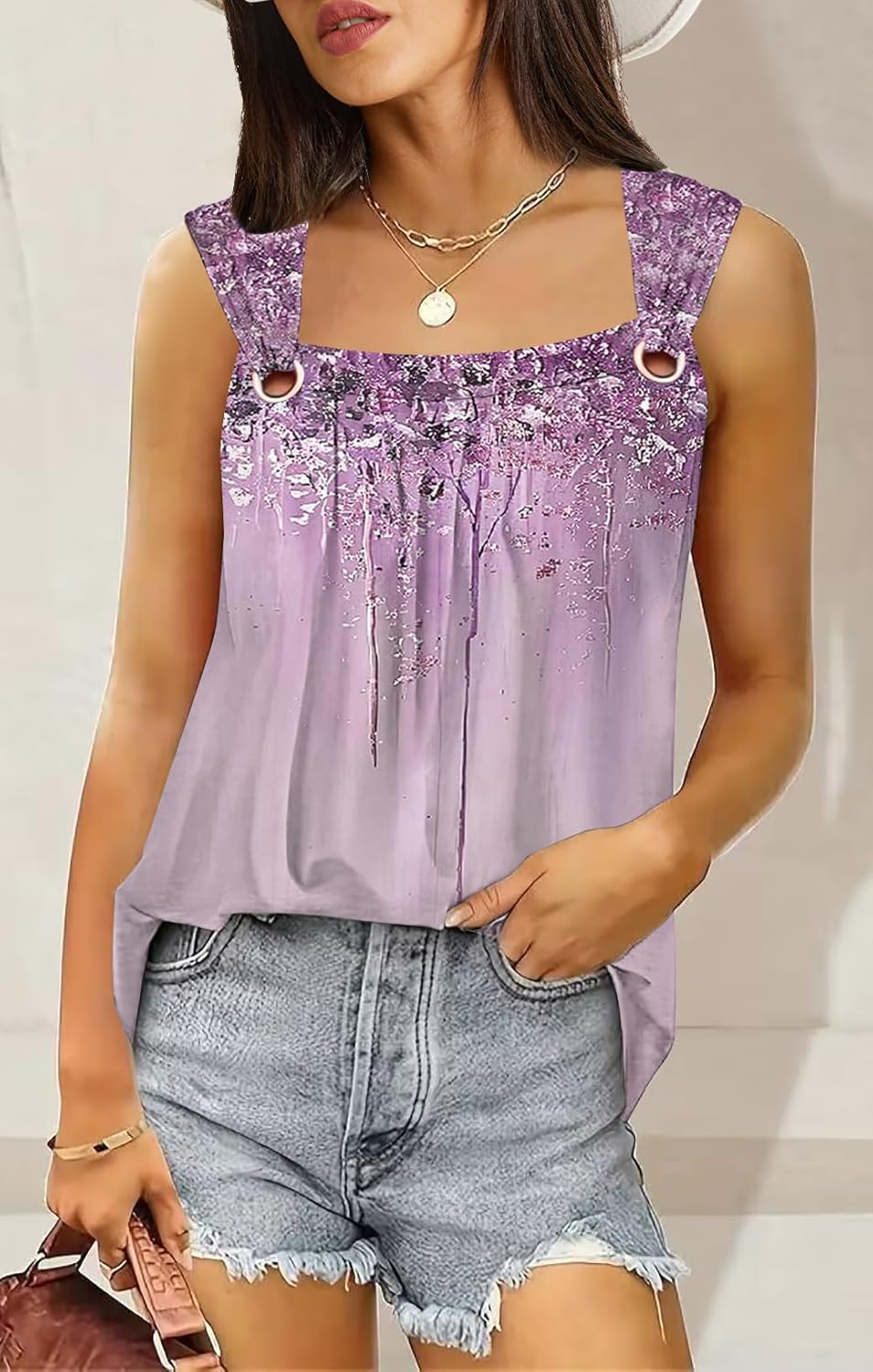 Summer Tank Tops for Women Pleated Square Neck O Ring Shoulder Sleeveless Shirts Casual Loose Fit Trendy Blouses - Image 3