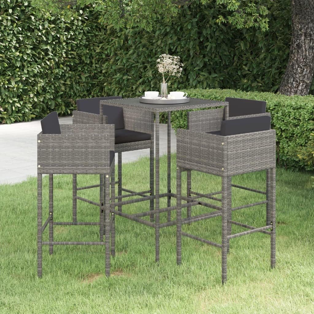 5 Piece Patio Bar Set with Cushions Poly Rattan Gray, Outdoor Patio Furniture Set with 1 Bar Table and 4 Bar Stool for Backyard, Garden -3148