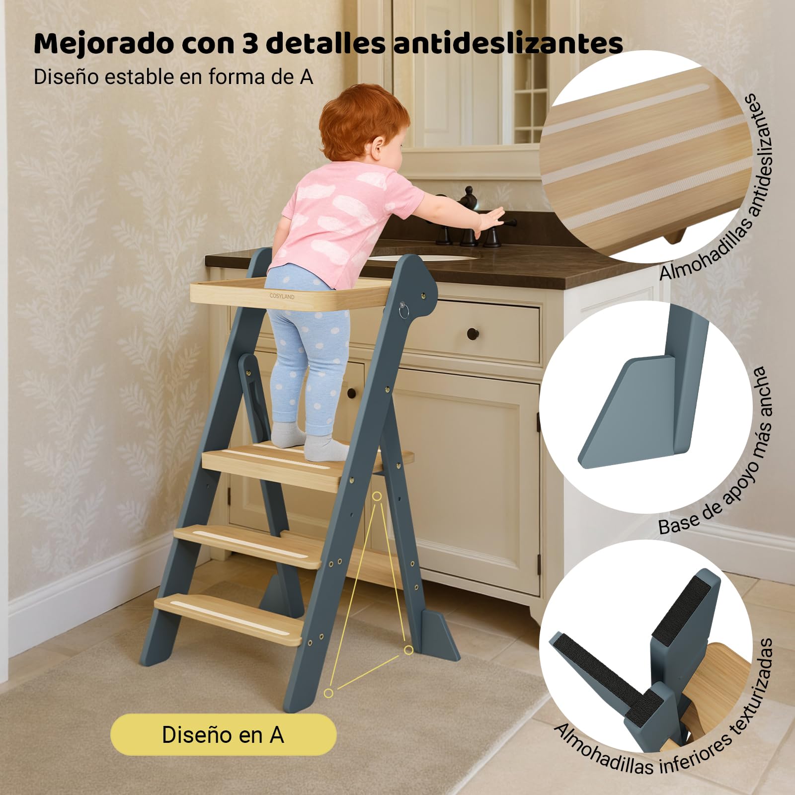 COSYLAND Torre de Aprendizaje Montessori de Madera Plegable Desde 1 Año – Ganadora del Premio iF Design, con Red de Seguridad y Altura Ajustable, Ideal para Cocina y Baño (Azul Pizarra y Natural)