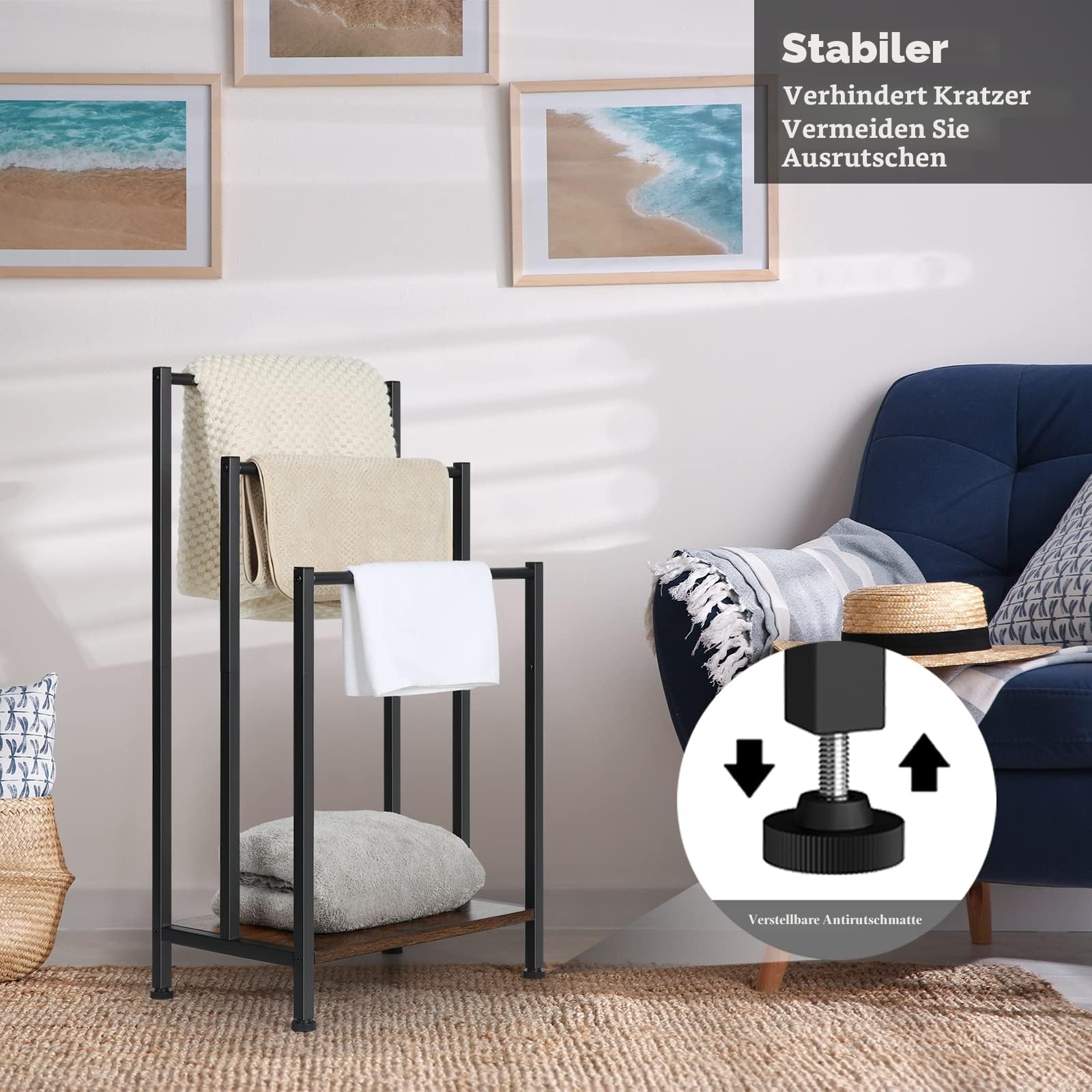 Freistehender Handtuchständer, Badetuchhalter mit 3 stangen, Rustikalem Braunem Holzregal, Industrieller Handtuchhalter, für Wohnzimmer, Badezimmer, Badetücher, Kleidung, Decken (43cm*29cm*82cm)