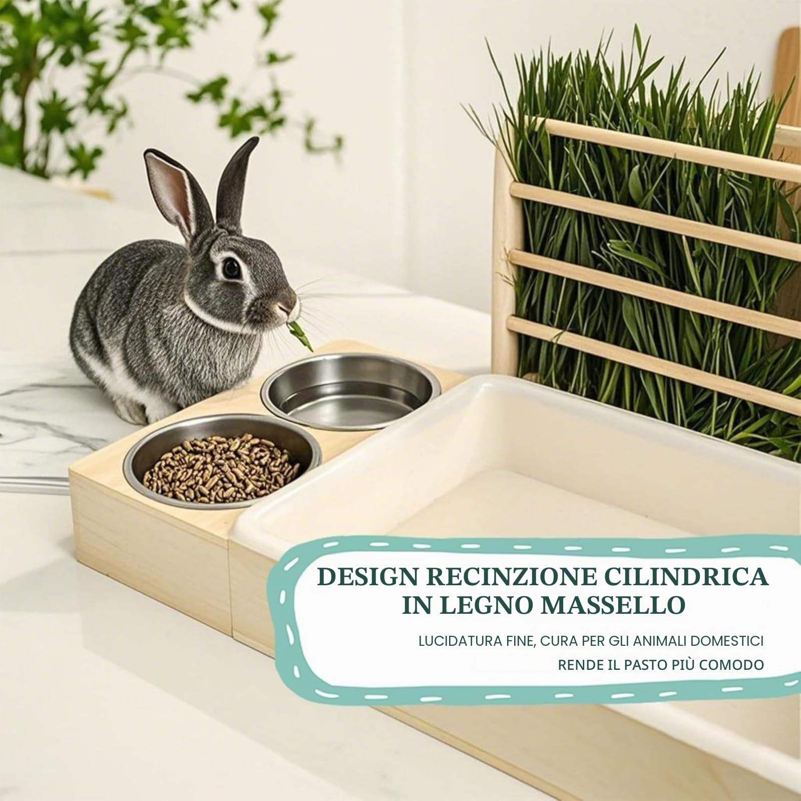 Distributore di alimenti tre in uno in legno per conigli, dispenser per fieno, con ciotole, accessori per gabbie, casseruola, porcellini d'India, alimentatore per topi