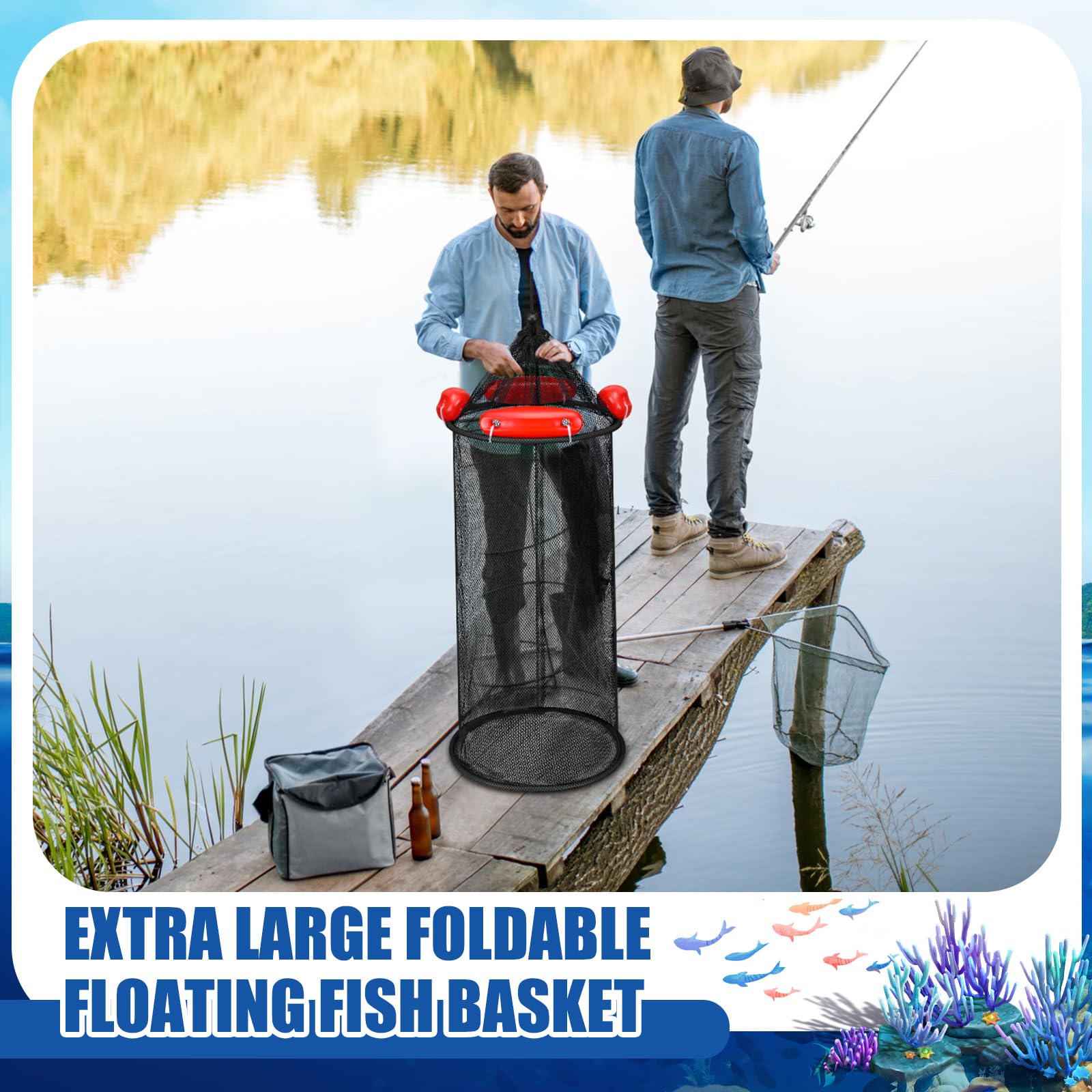 Cesta de pesca flotante plegable grande para peces, cesta de pesca flotante, cubo de red para almacenamiento de cebo, jaula para mantener camarones de pececillos