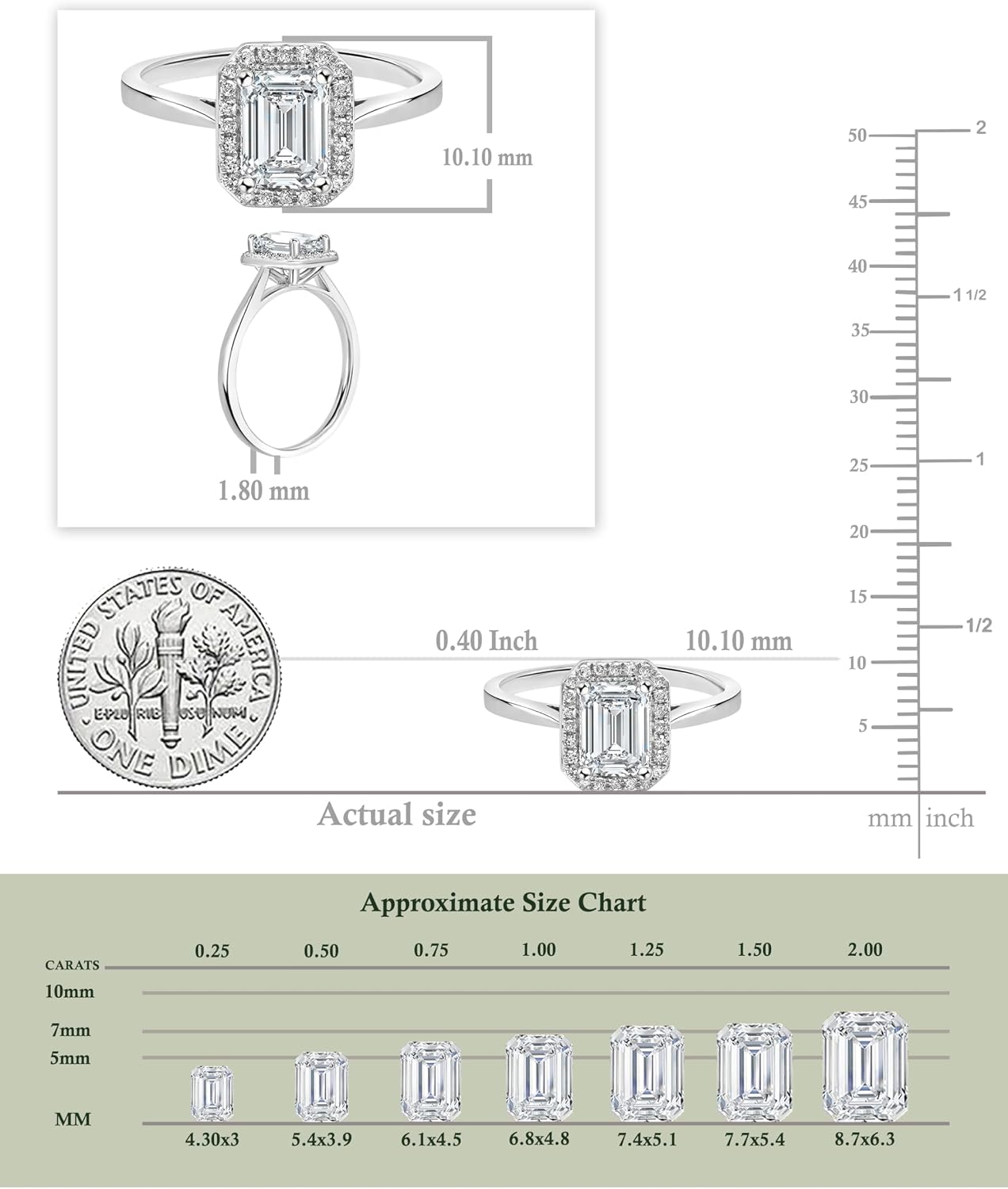 925 Sterling Silver Halo Engagement Ring for Women with 1.15 Carat (cttw) Emerald Cut (1.00 ct) & Round (0.15 ct) Lab Grown White Diamond or Cubic Zirconia